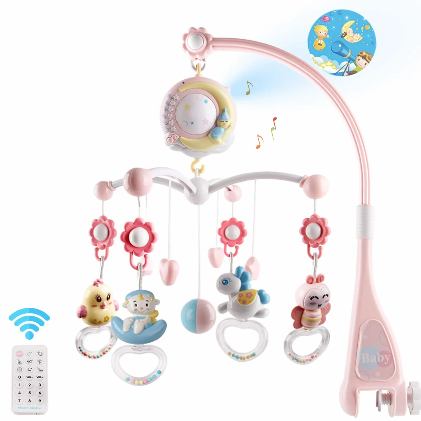 Berceau de musique pour bébé avec projecteur et lumières, mobile suspendu tournant, boîte à musique 150 mélodies, rose
