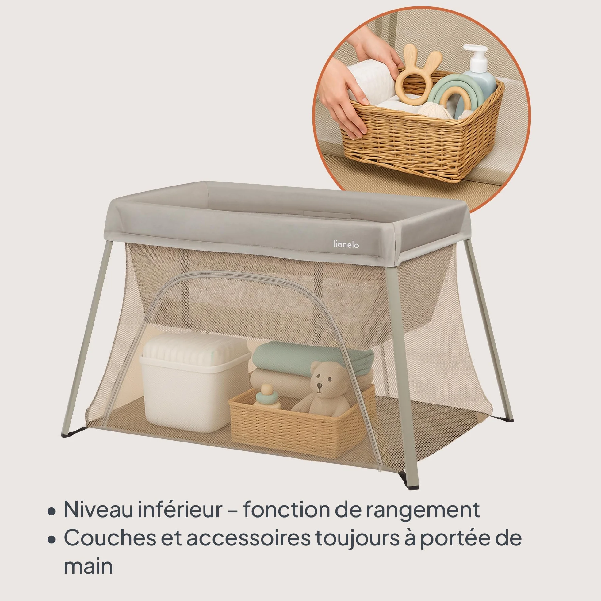 Lionelo Lit de Voyage Bébé Parc Enfant 3en1 Alice 0-15 kg Matelas Mousse 2 Niveaux Hauteur Pliable Léger Entrée Latérale Sac Voyage Beige
