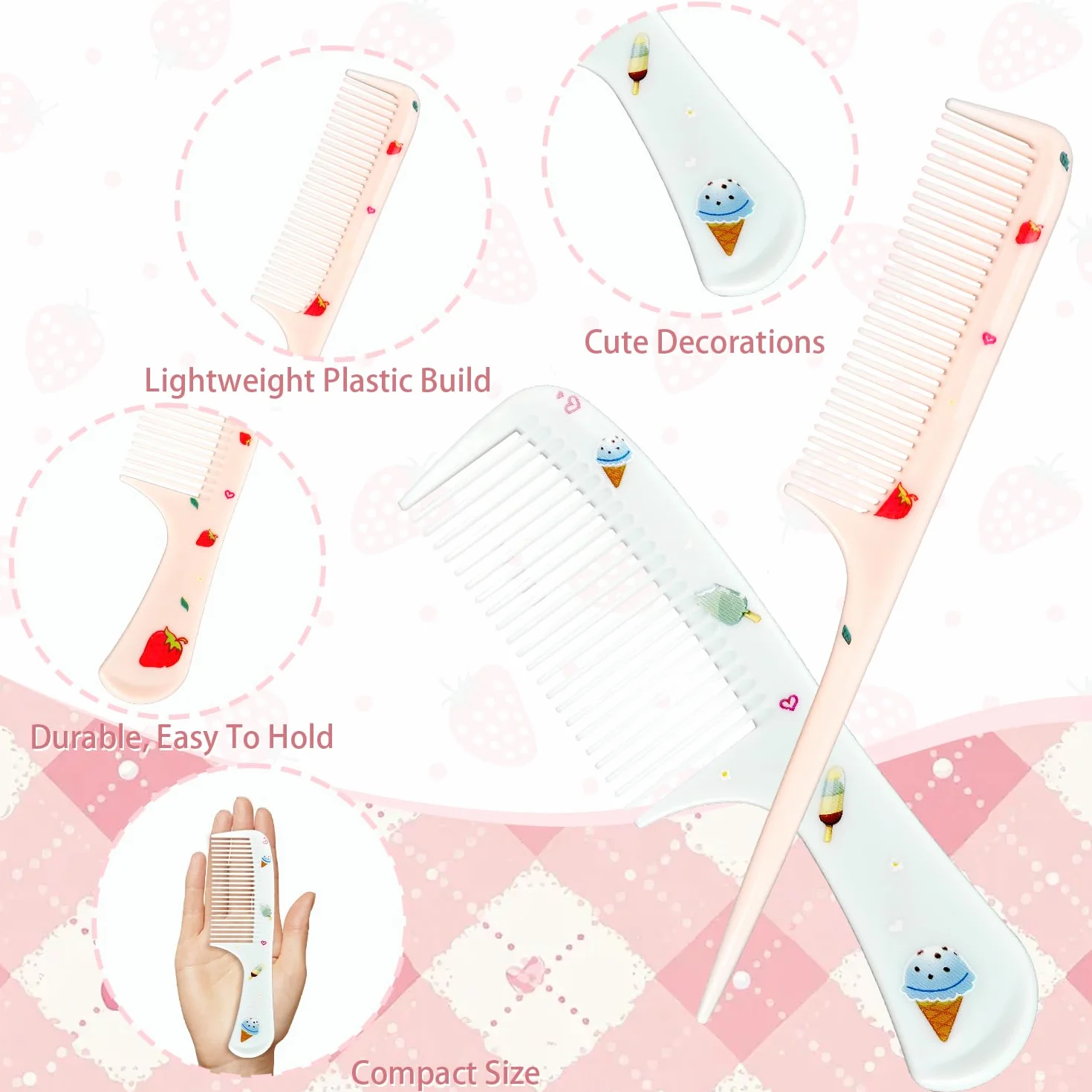Lot de 4 peignes à cheveux mignons pour bébé en fraise & glace, miniatures, dents fines & queue de rat