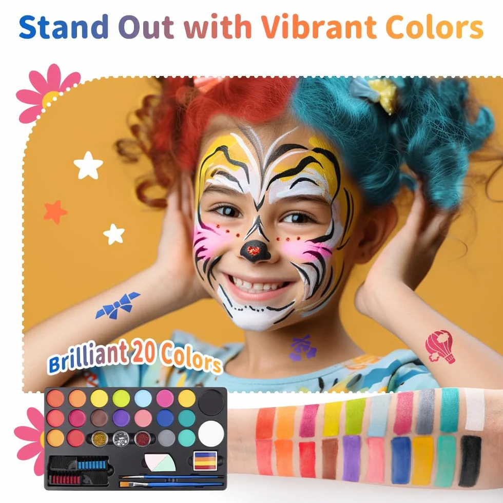 Janolia Palette Maquillage Enfant 20 Couleurs Peinture Visage avec 2 Pinceaux 60 Pochoirs Kit Maquillage Carnaval Halloween