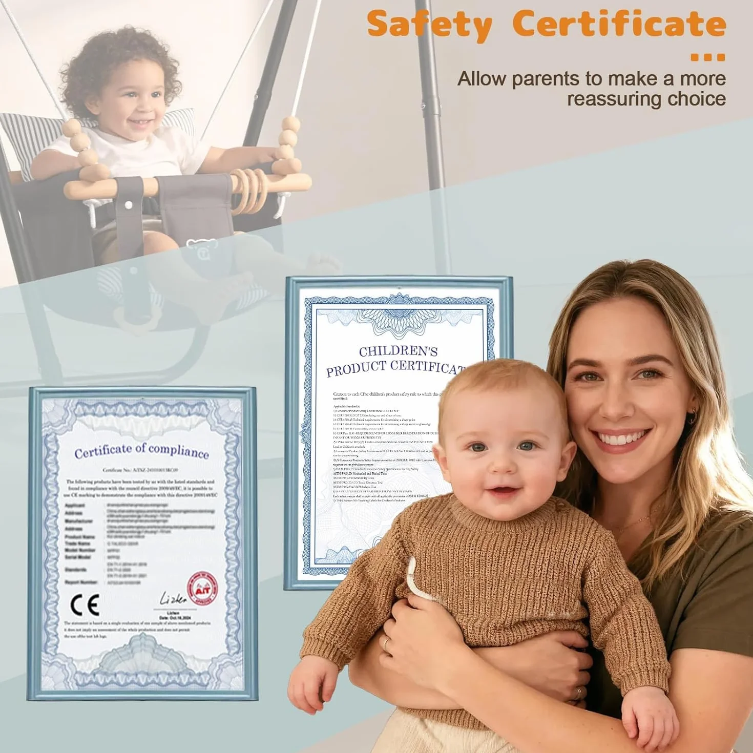 Balançoire 2 en 1 pour bébé avec ceinture de sécurité 5 points, intérieur et extérieur