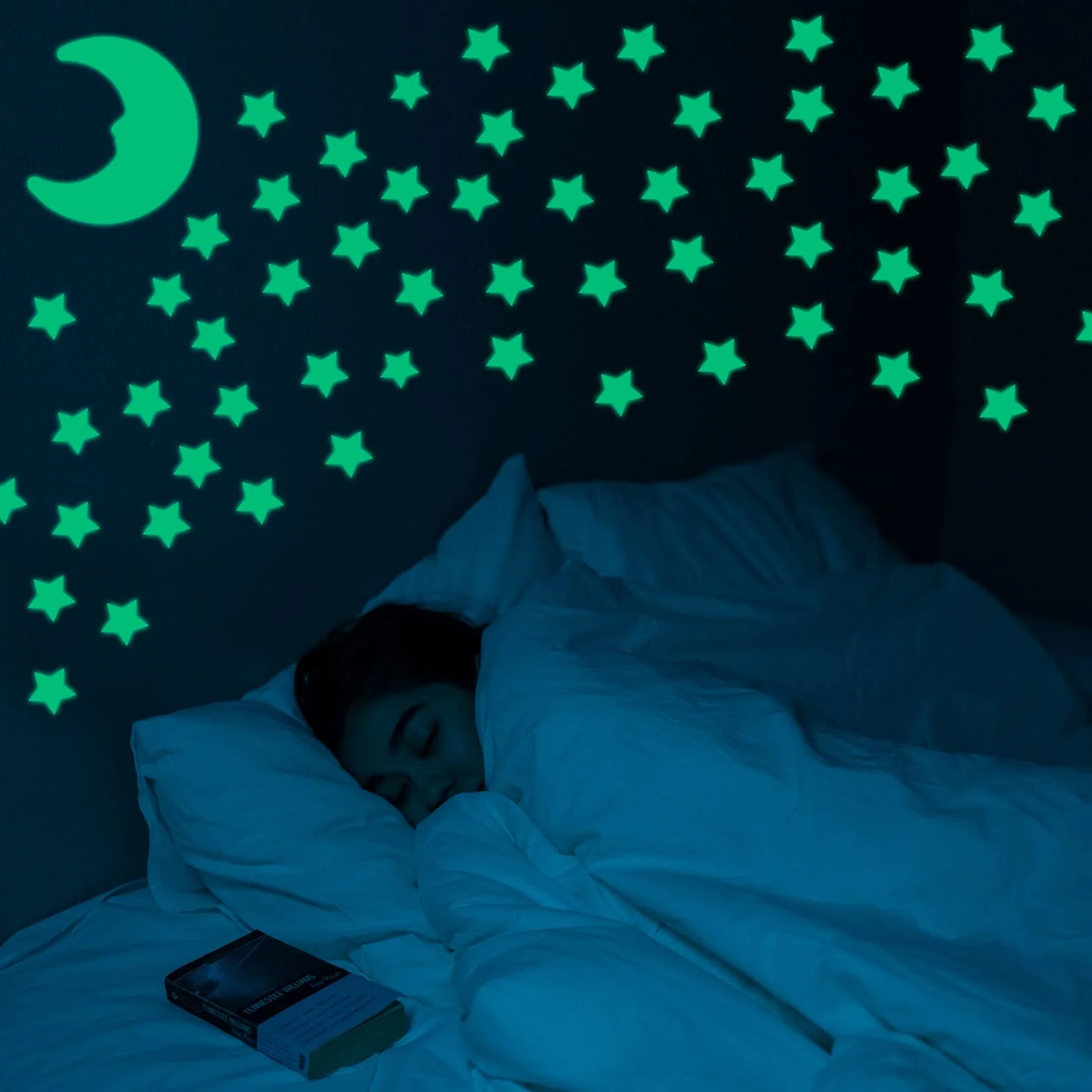 CAYUDEN Étoiles et Lune Kit 3D Phosphorescentes Adhésives 200 Pièces Fluorescentes Décoration Murale Lumineuse