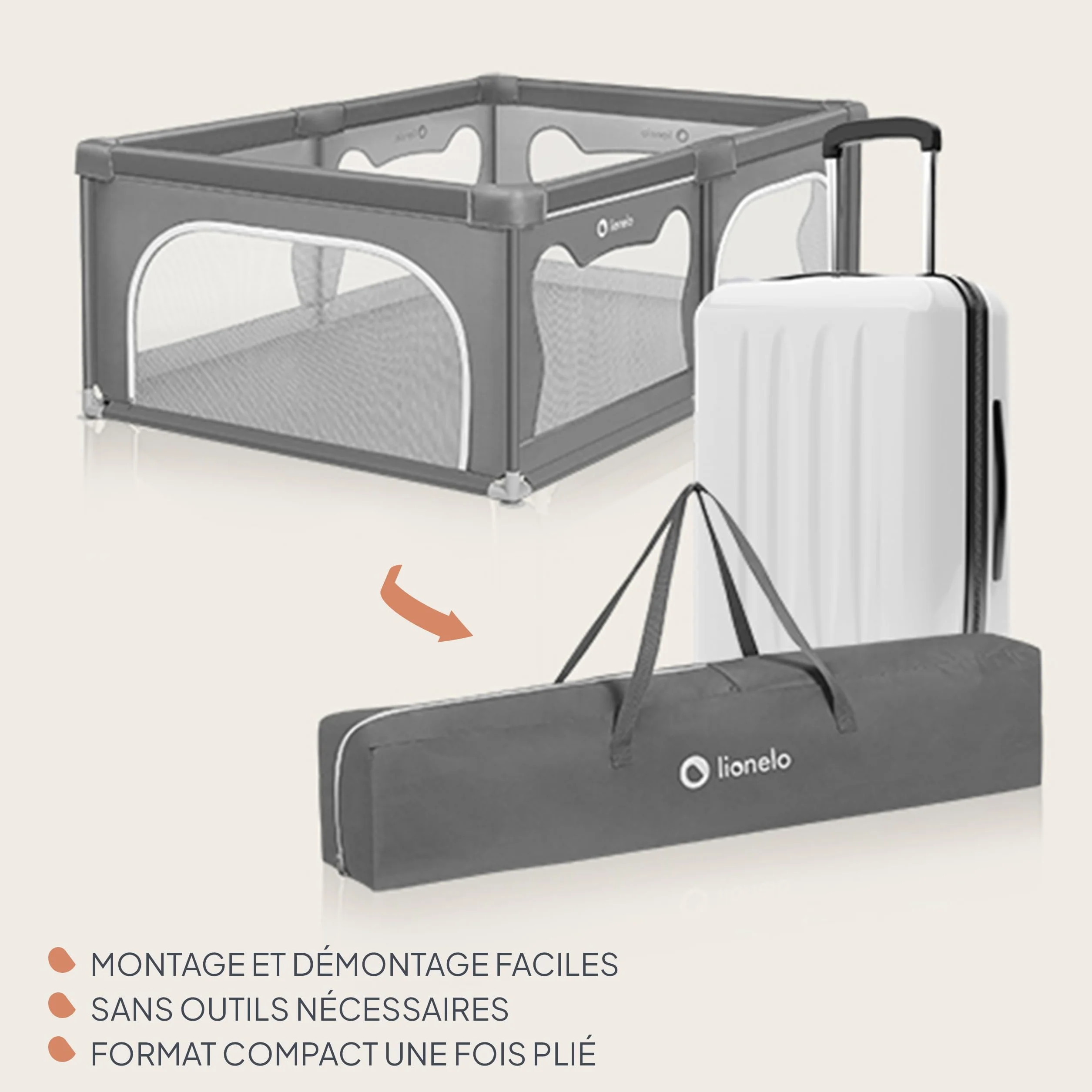 LIONELO WILLOW Parc pliant pour bébé 120x180x68 cm filet respirant 2 entrées zippées Gris