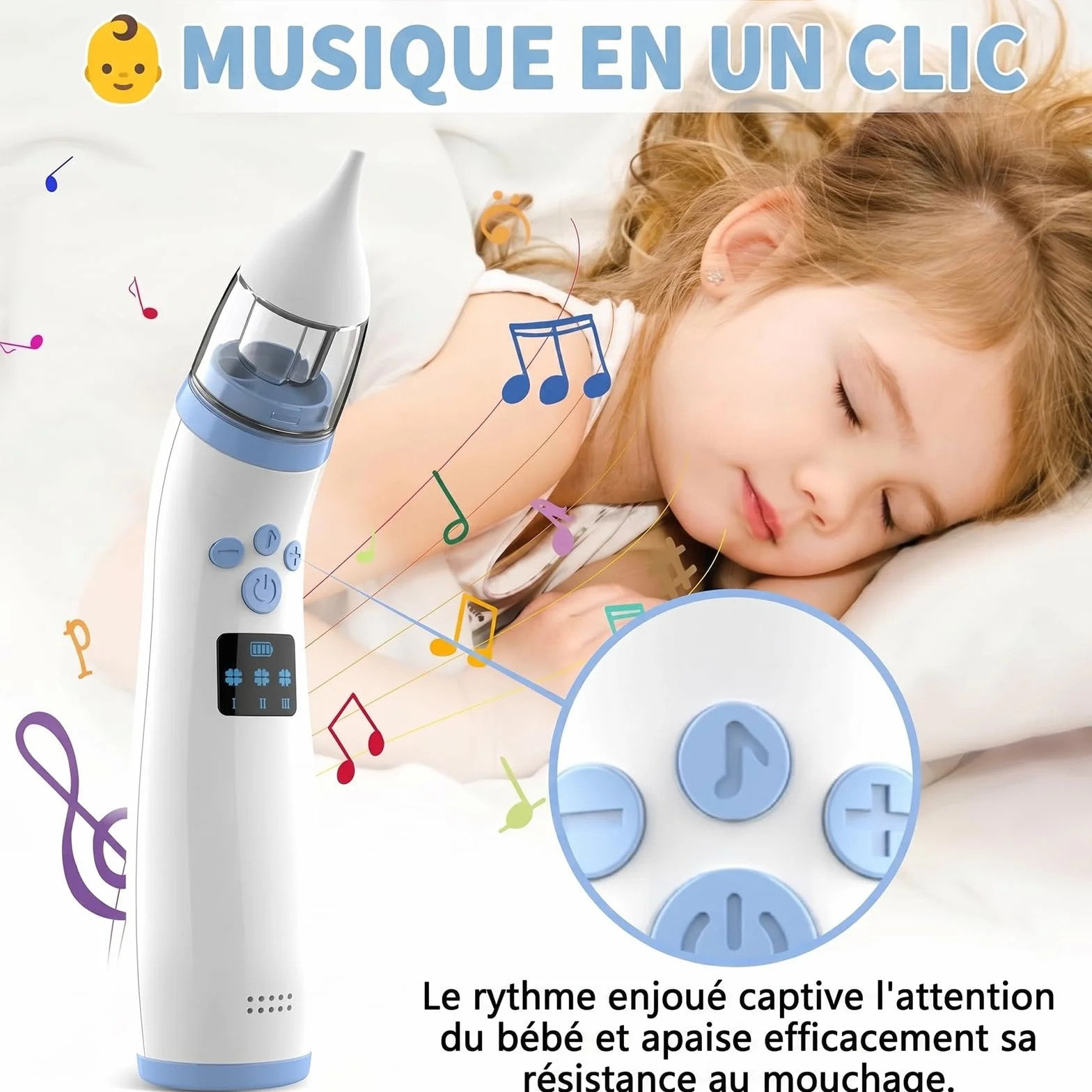 Aspirateur Nasal Électrique Bébé Rechargeable 3 Niveaux d'Aspiration 2 Embouts Musique Lumière Douce
