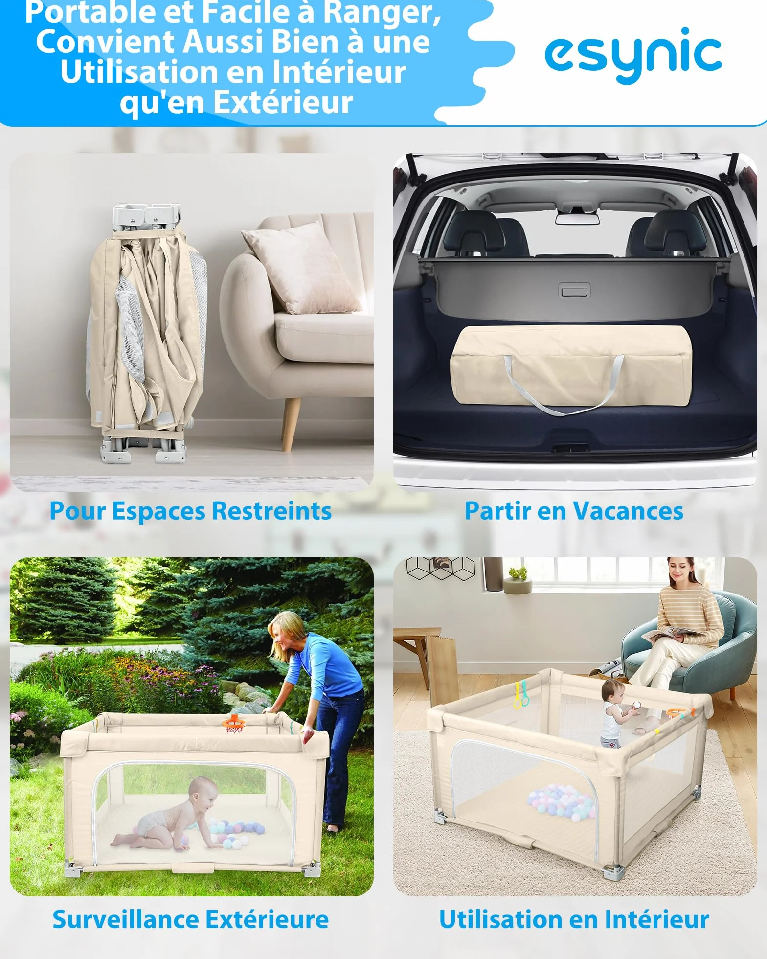 eSynic Parc Bébé Pliable 127 × 127 cm avec Tapis Sac de Rangement Balle Océanique Panier de Basket - Beige