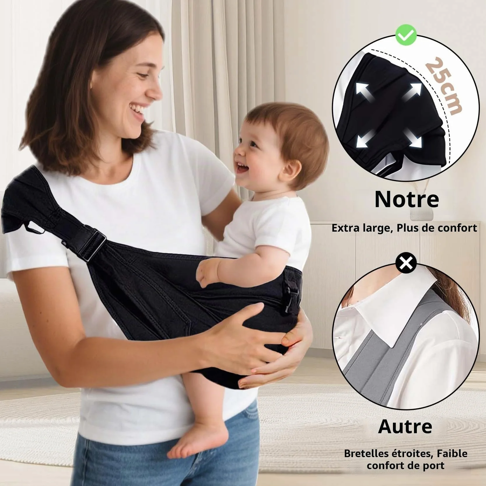 Écharpe de Portage Bébé Porte-bébé Latéral Ergonomique Certifié ASTM 0-36 Mois Noir
