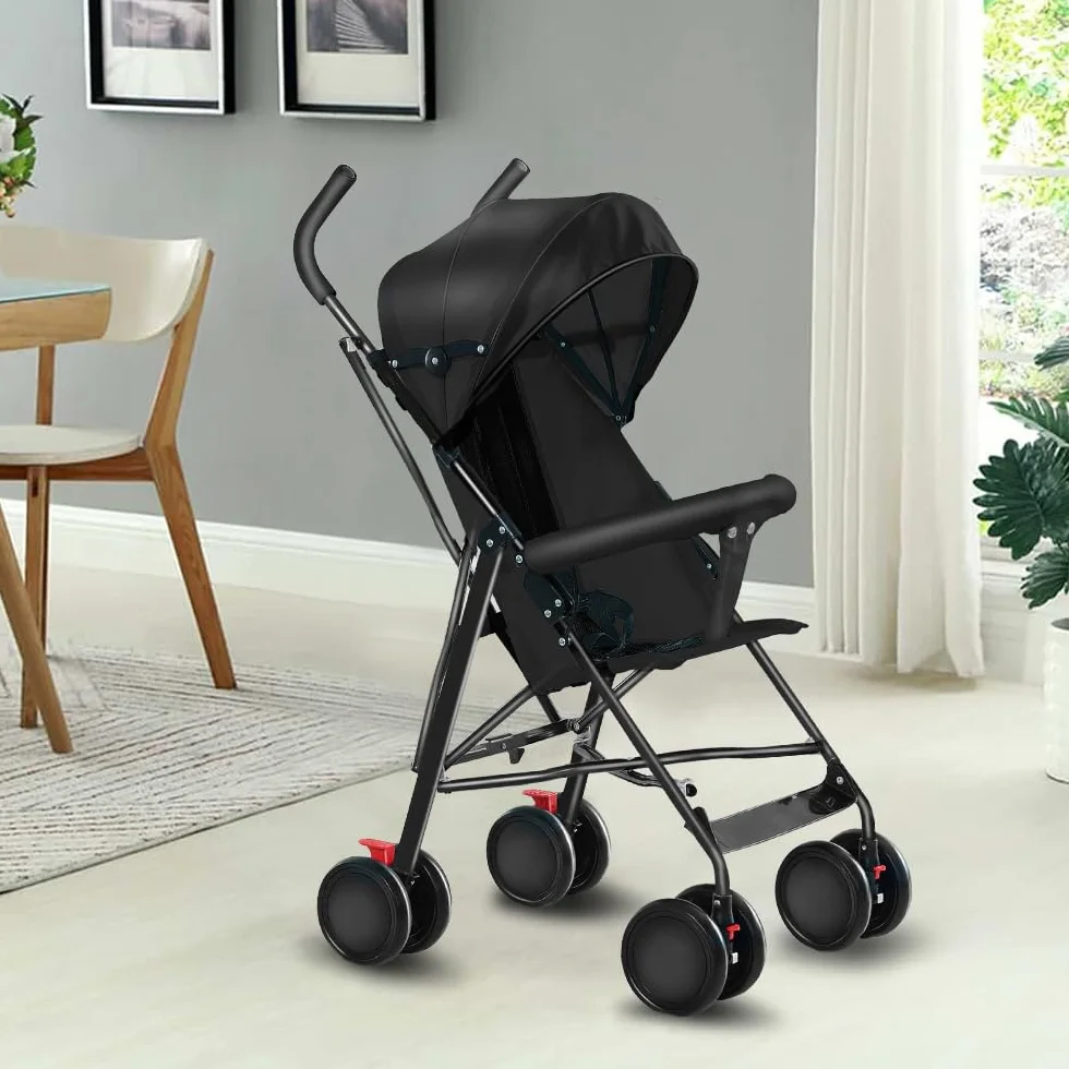 Poussette Canne Ultra Légère Compacte Pliable Inclinable Naissance à 25 kg avec Système Trolley Housse de Pluie Capote Extensible Noir
