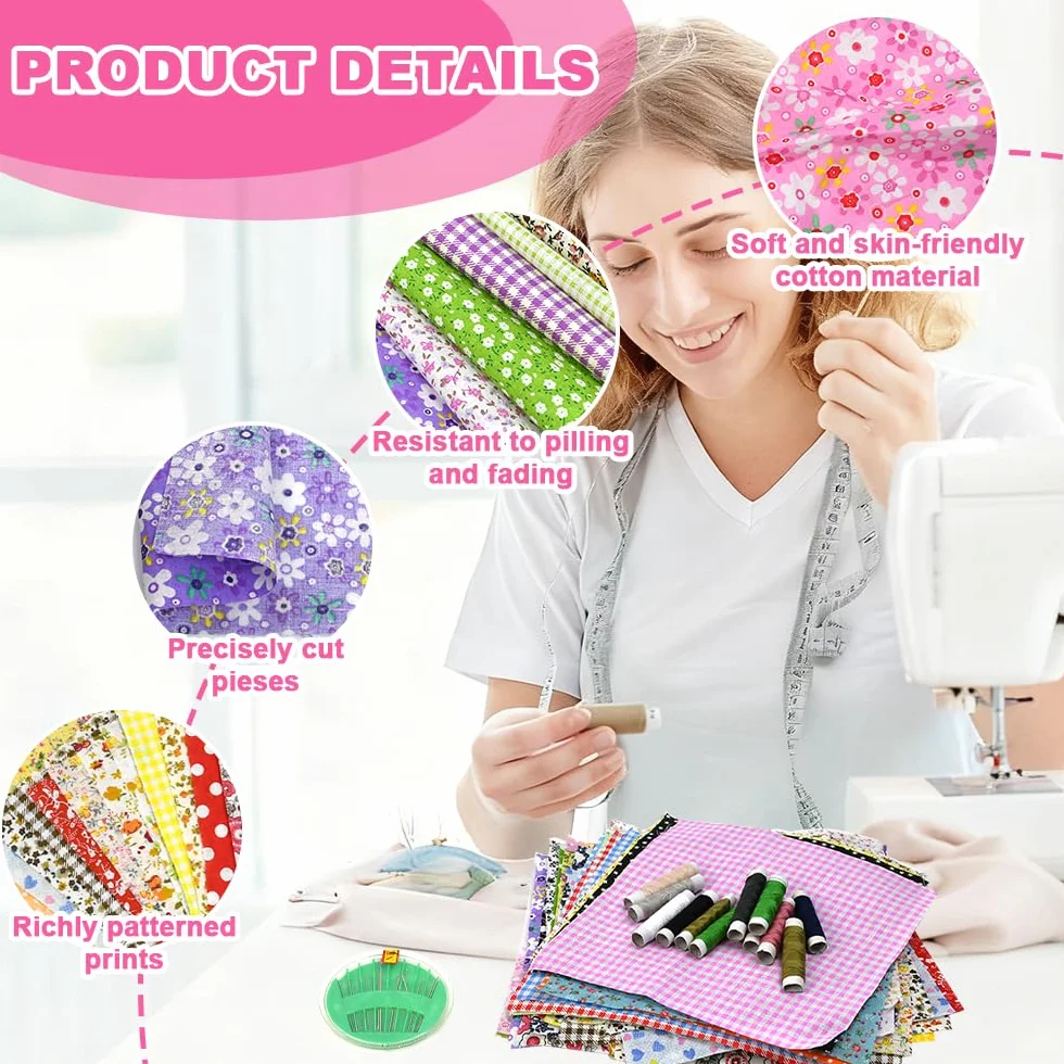 Tissus Coton 50PCS 20x20 cm Patchwork Colorés avec Fil et Aiguilles à Coudre