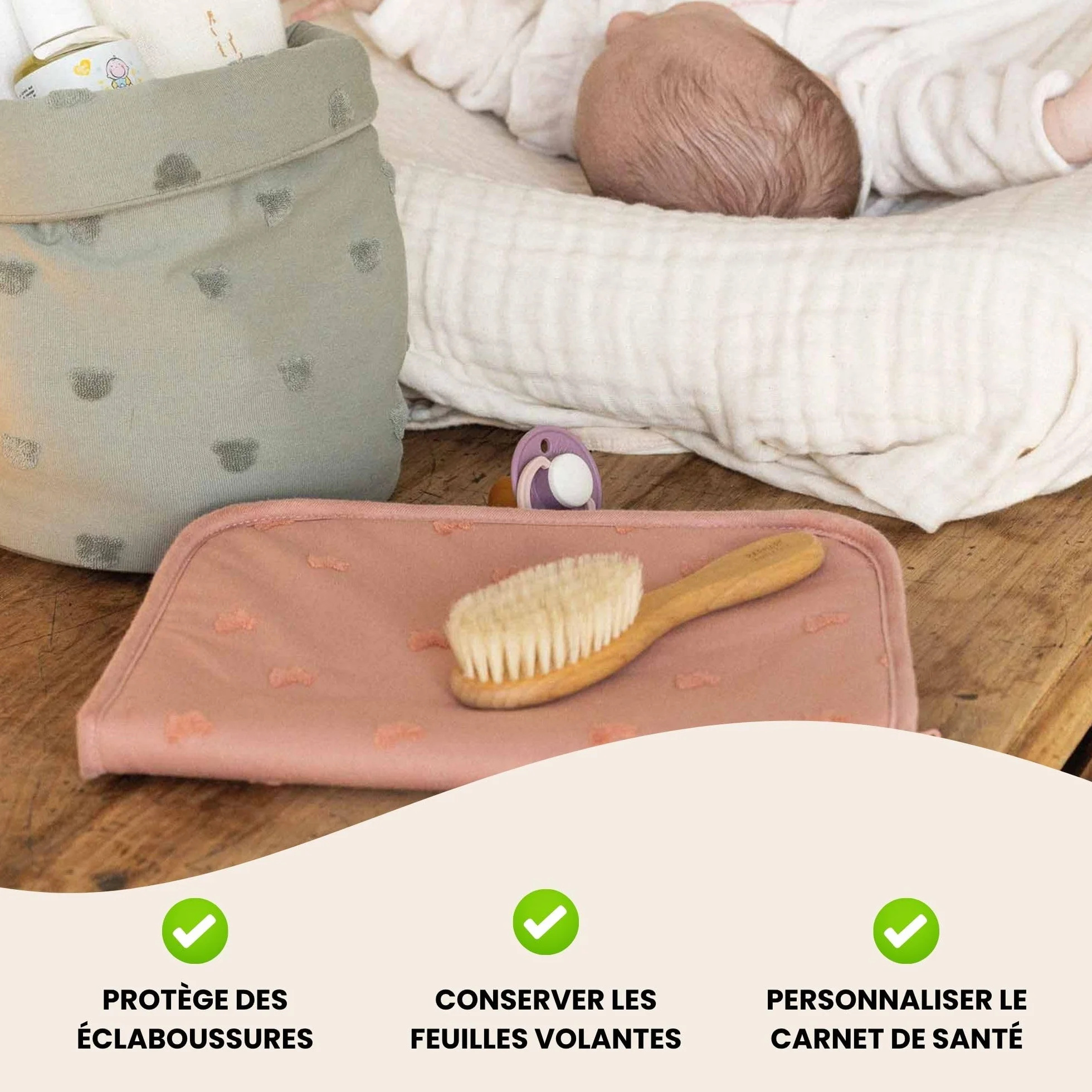 Trois Kilos Sept Protège Carnet de Santé Bébé Rabats Fermeture Zippée Jacquard Petit Lapin Rose Terre de Sienne 17,5x32 cm