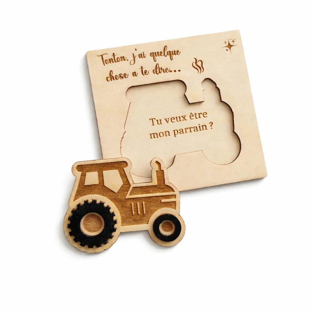 Coffret Personnalisé en Bois pour Tonton Demande Marraine ou Parrain – Carte Surprise Baptême Forme Tracteur Annonce bébé Originale
