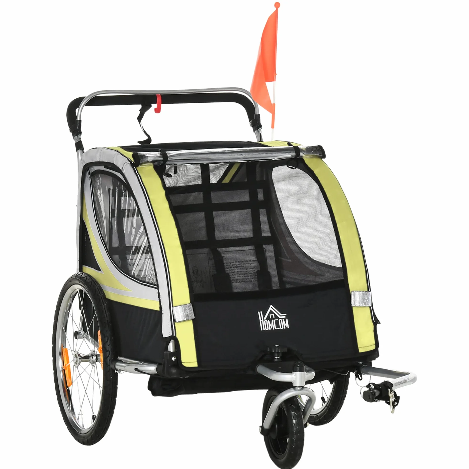 HOMCOM 2 in 1 Kinderfahrradanhänger mit Mesh-Tür, 360° Drehbares Vorderrad, Bremse, 142 x 75 x 101 cm