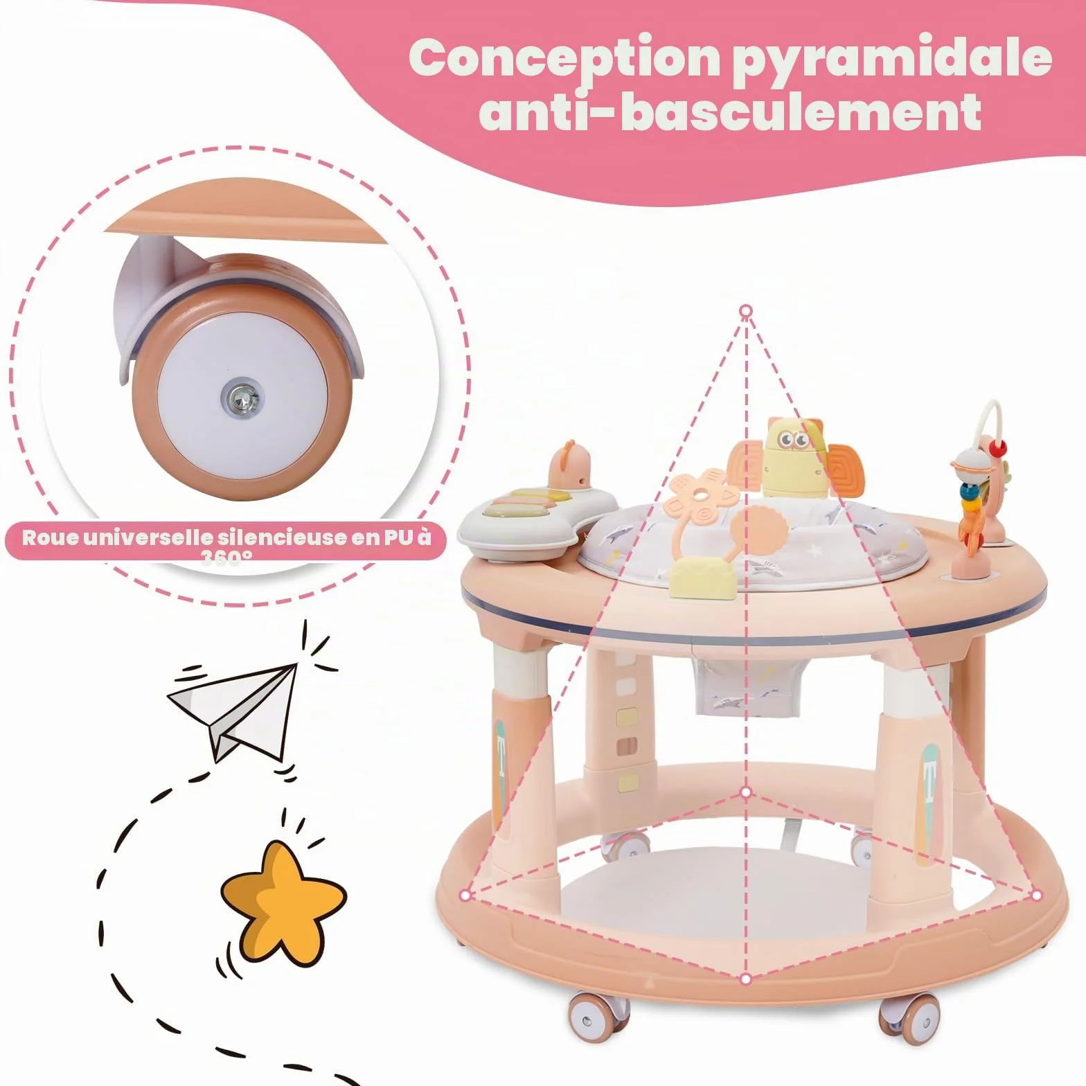 Bébé Trotteur 3 en 1 Marcheur Table d'étude Sauteur Réglage Hauteur 5 Niveaux Anti-O-Legs Roues Silencieuses 360° Rose