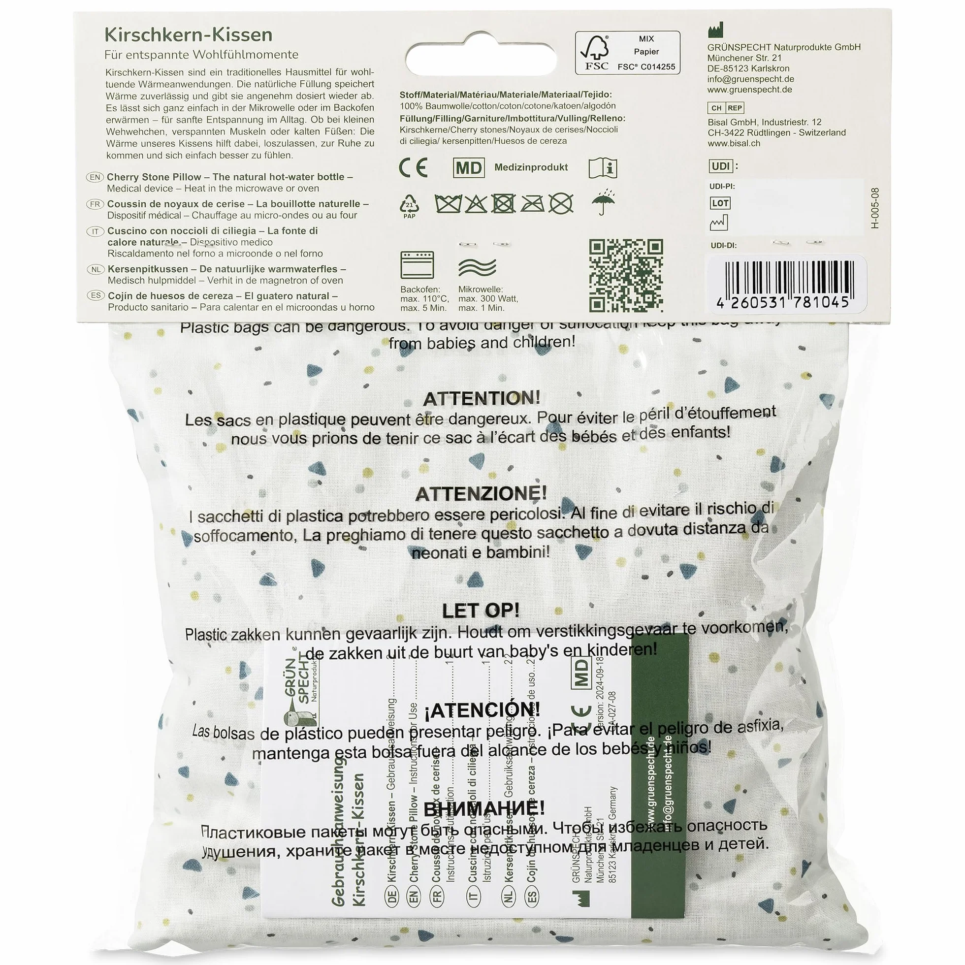 GRÜNSPECHT Coussin chauffant noyaux de cerises 19 x 19 cm Housse coton micro-ondes four vert