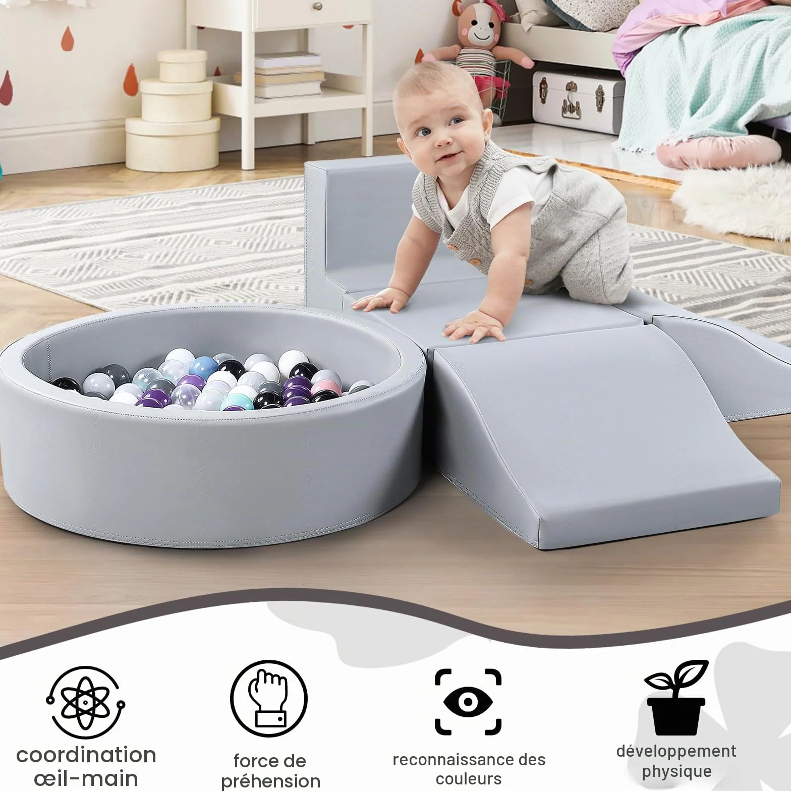 Lot de 5 jouets d'intérieur en cuir synthétique pour bébé avec piscine à balles - Jeu de blocs de construction en mousse - Jouet d'escalade et de ramper