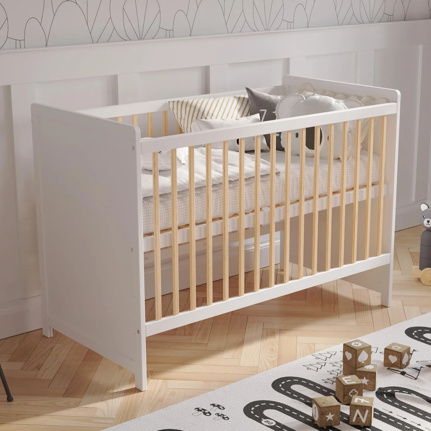 Love For Sleep Tokyo Lit Bébé Évolutif 120x60 cm Bois Pin Blanc Transformable Barrière Sécurité