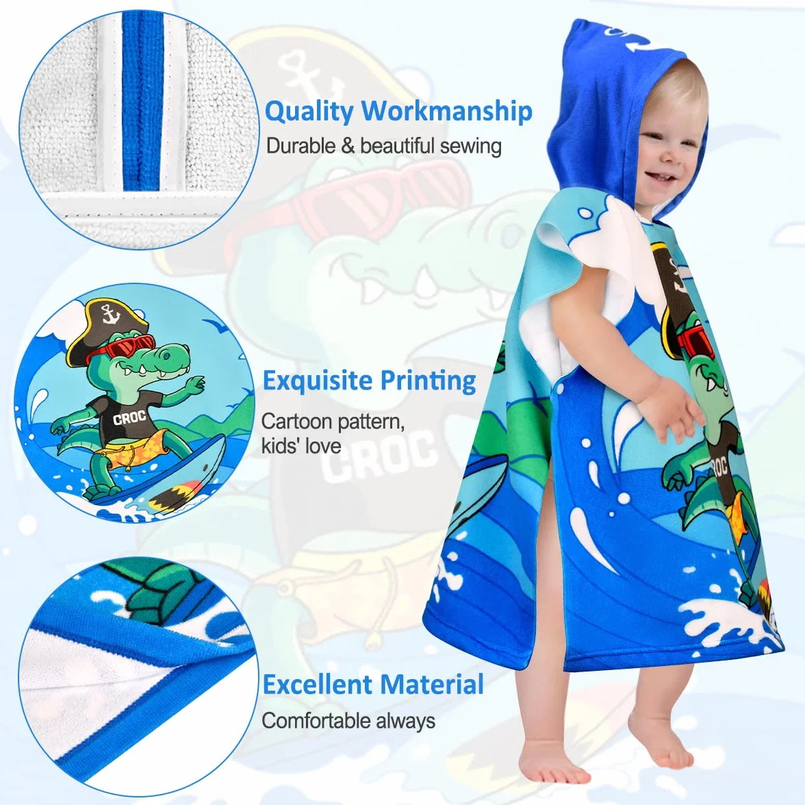 Serviette de Bain Enfant Poncho Crocodile Cape de Bain Fille Garcon Super Absorbant Séchage Rapide Poncho à Capuche Surf Sortie de Bain Bébé 2-6 Ans