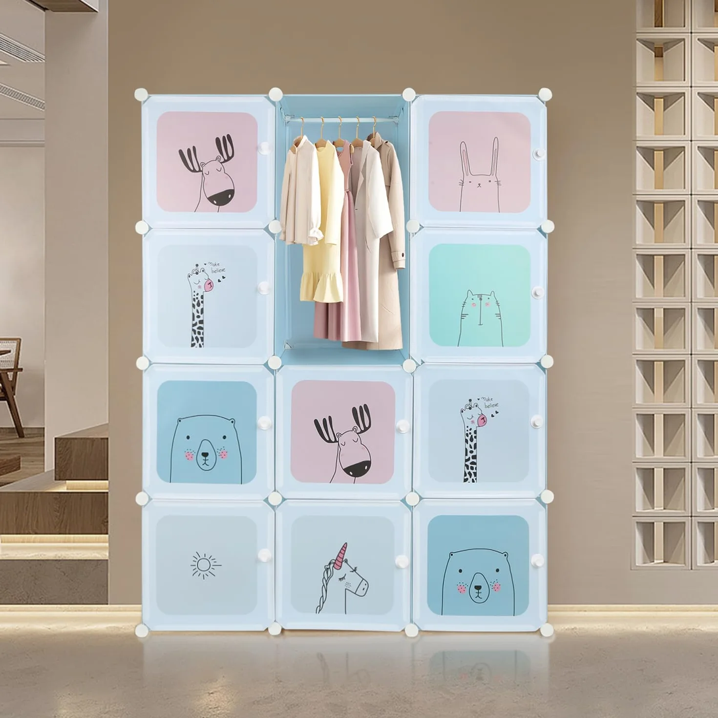 Armoire De Rangement Enfant 12 Cubes avec Portes, Meuble Cube pour Jouets, Vêtements, Chaussures Bleu 110x37x145cm