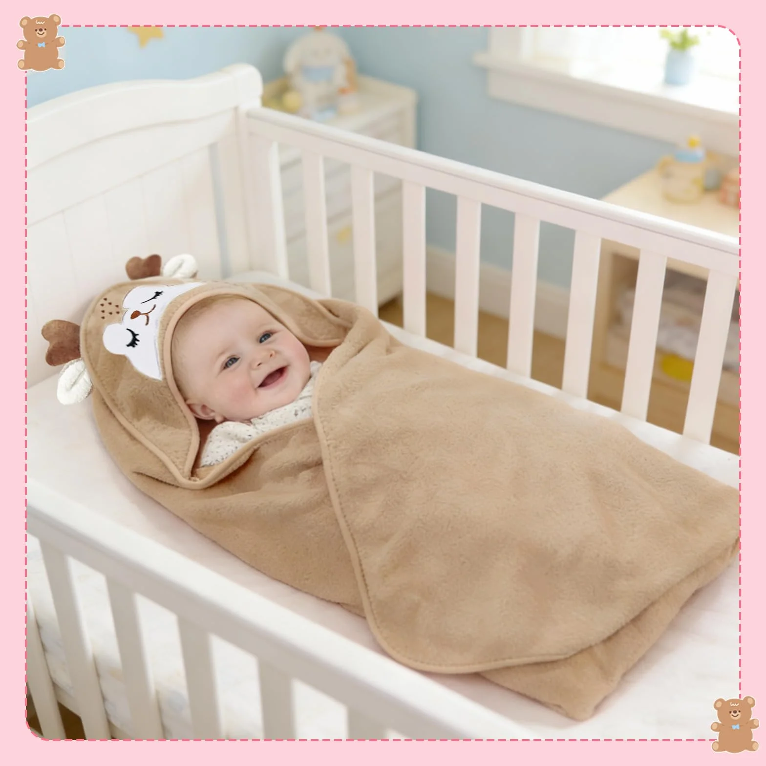 Serviette de Bain à Capuche Bébé Polaire Corail 80x80 cm Absorbante Lot 3 Chat Rose Cerf Café