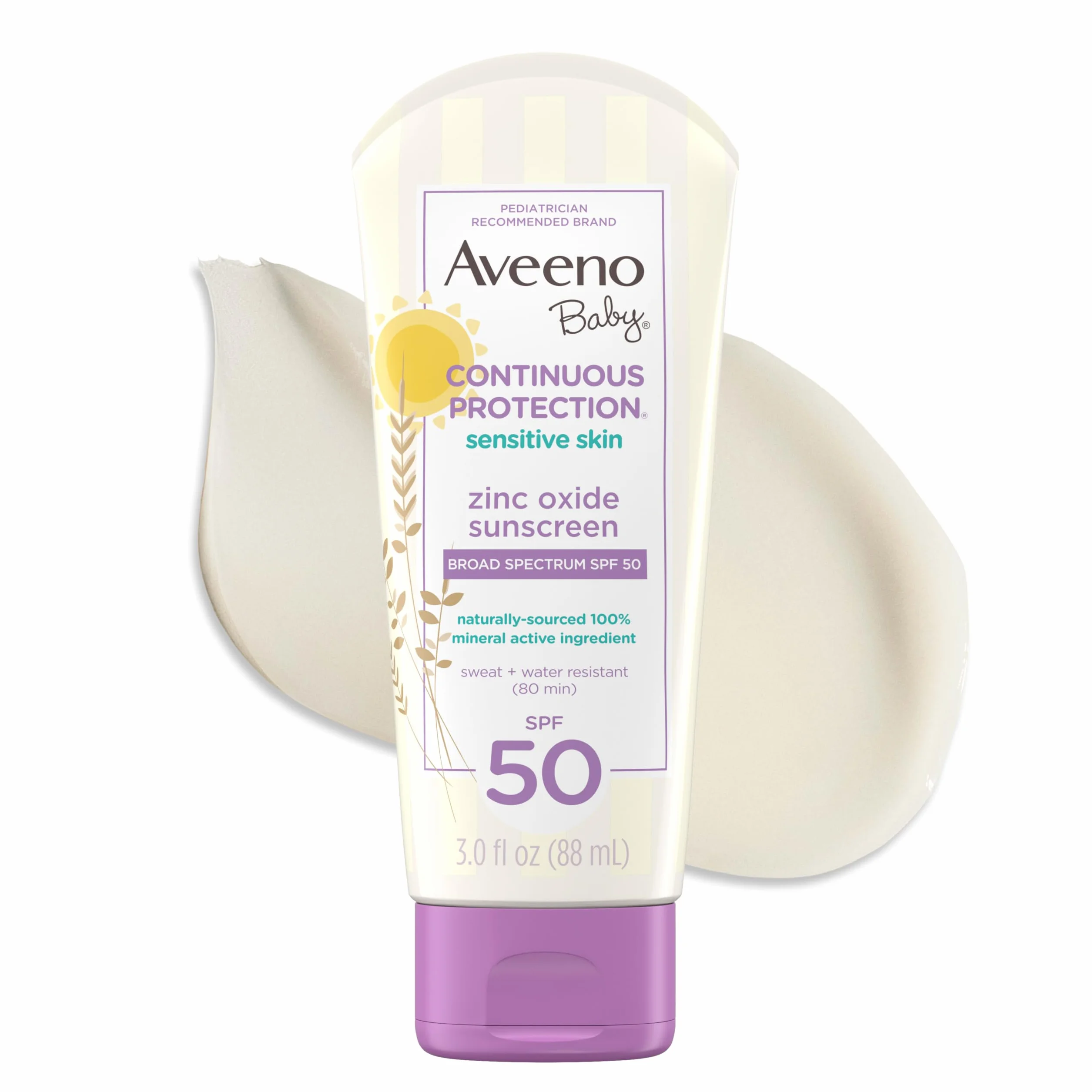 Aveeno Baby Continuous Protection Zinc Oxide Mineral Sunscreen Lotion SPF 50, Water Resistant, 3.0 Fl. Oz
