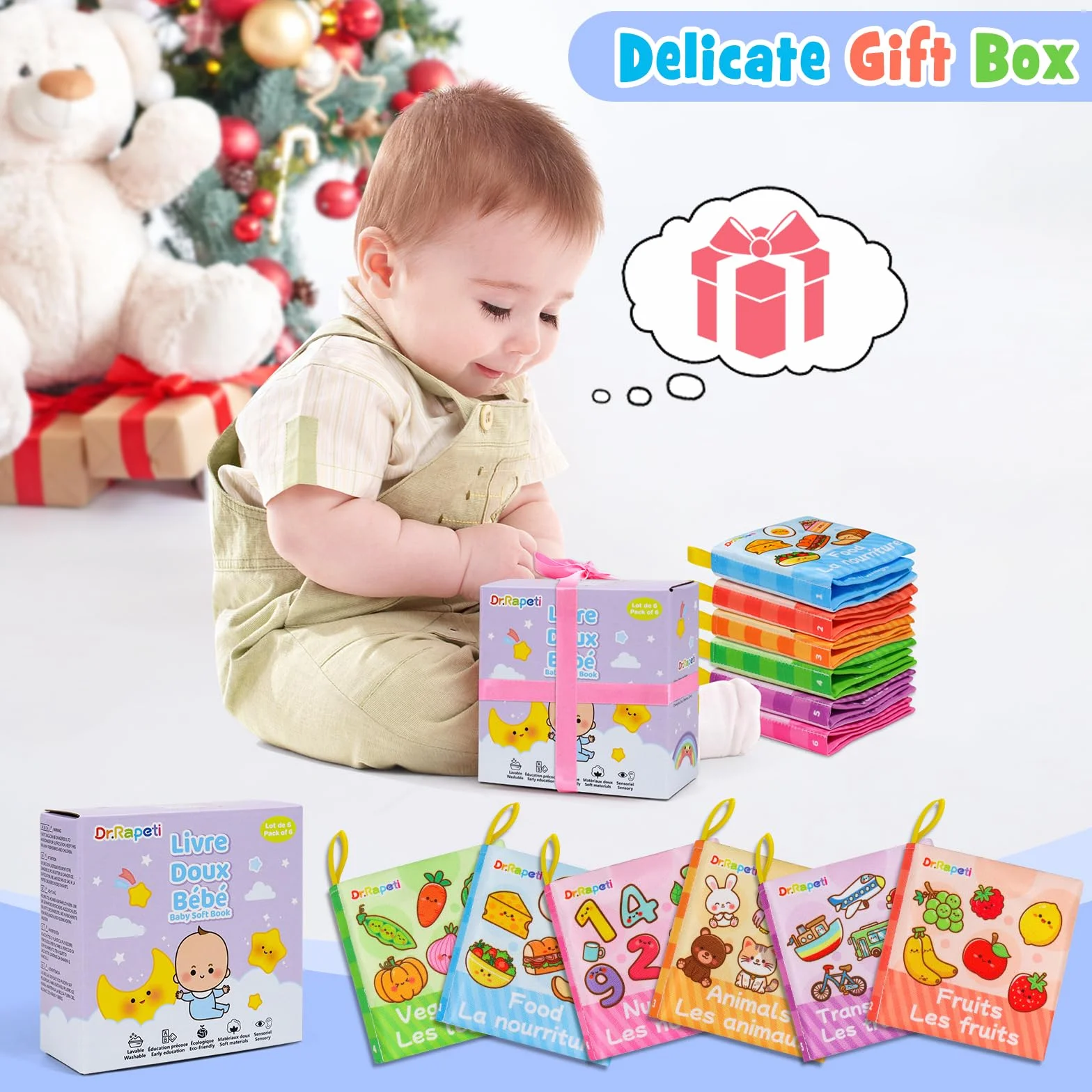 Dr.Rapeti Lot de 6 Livre Bebe en Tissu Doux Français, Livres d'Éveil, Jouet Éducatif Sonore, Livre Sensoriel