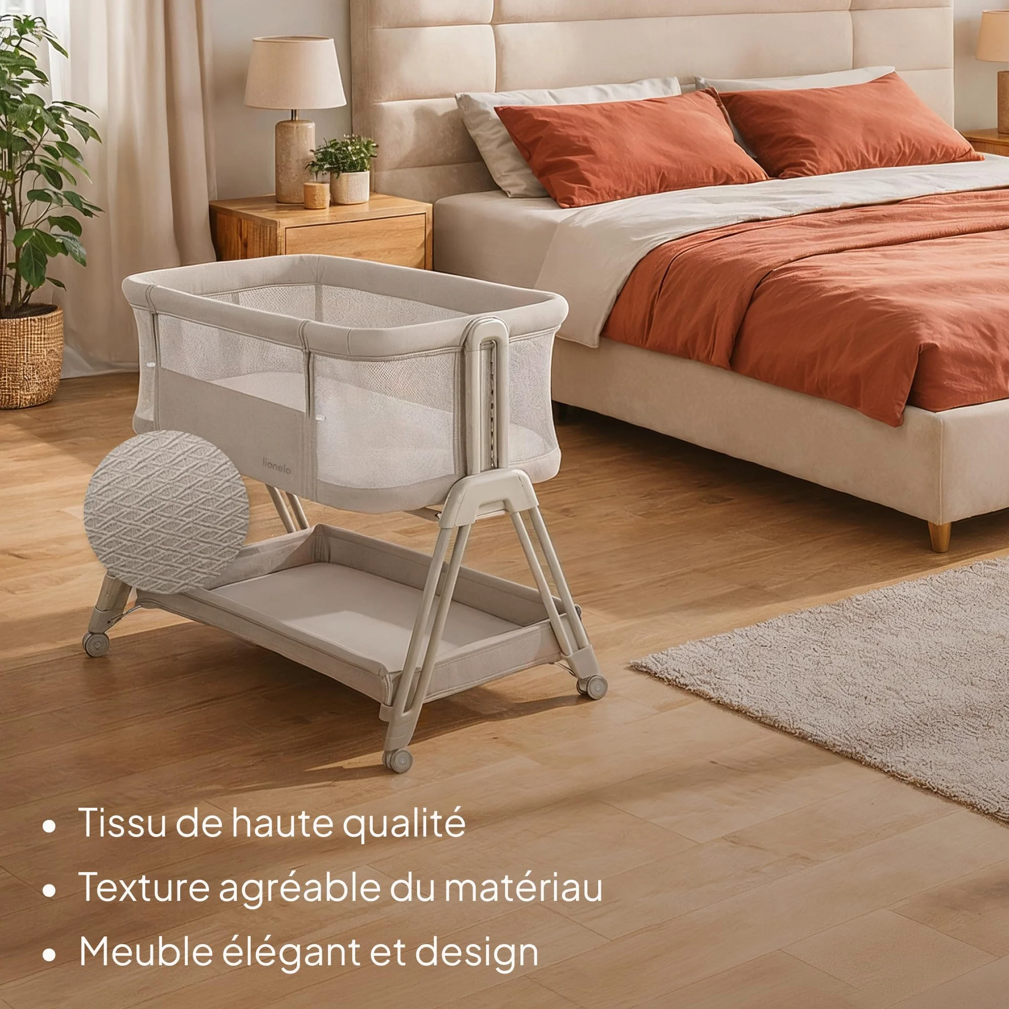 Lionelo Luna Lit Bebe Indépendant Cododo avec Matelas Co-Sleeping Nouveau-né 9 kg Hauteur Inclinaison Réglables 4 Roues Blocage Fixation Lit Parents Aéré Beige