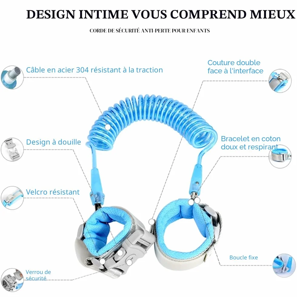 Harnais Enfant 2M avec Laisse Poignet 360° Rotation Sécurité Bébé Voyage