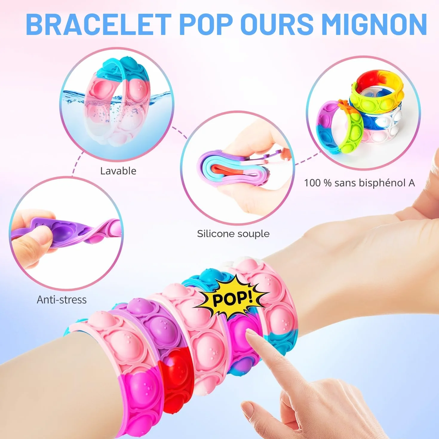 Bracelets Anti Stress Enfants Pop It Fidget Toys en Silicone Doux Réglables