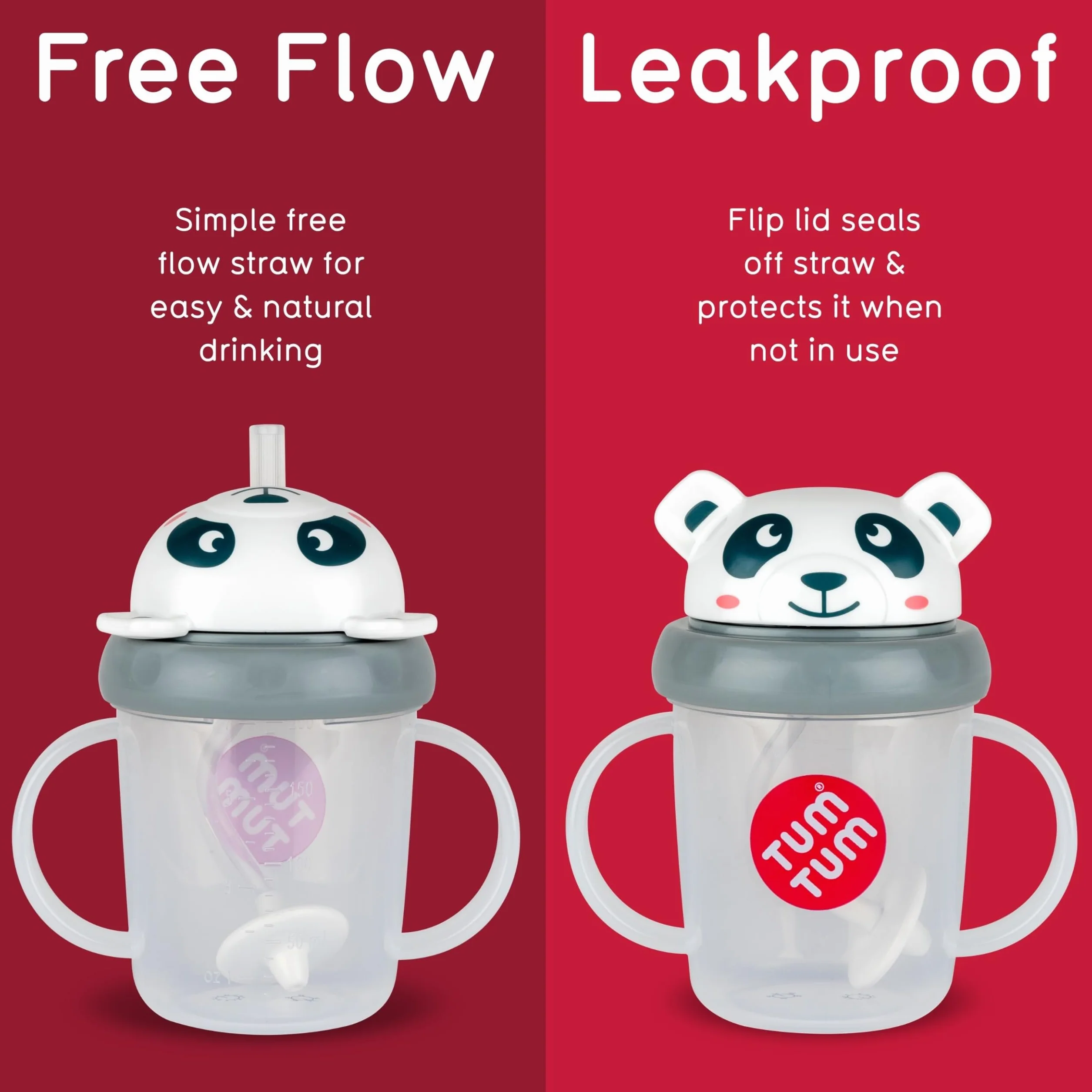 Tasse d’Apprentissage pour Bébé TUM TUM avec Paille Lestée, Anti-fuite, Couvercle Rabattable, Silicone, Pip le Panda 200ml