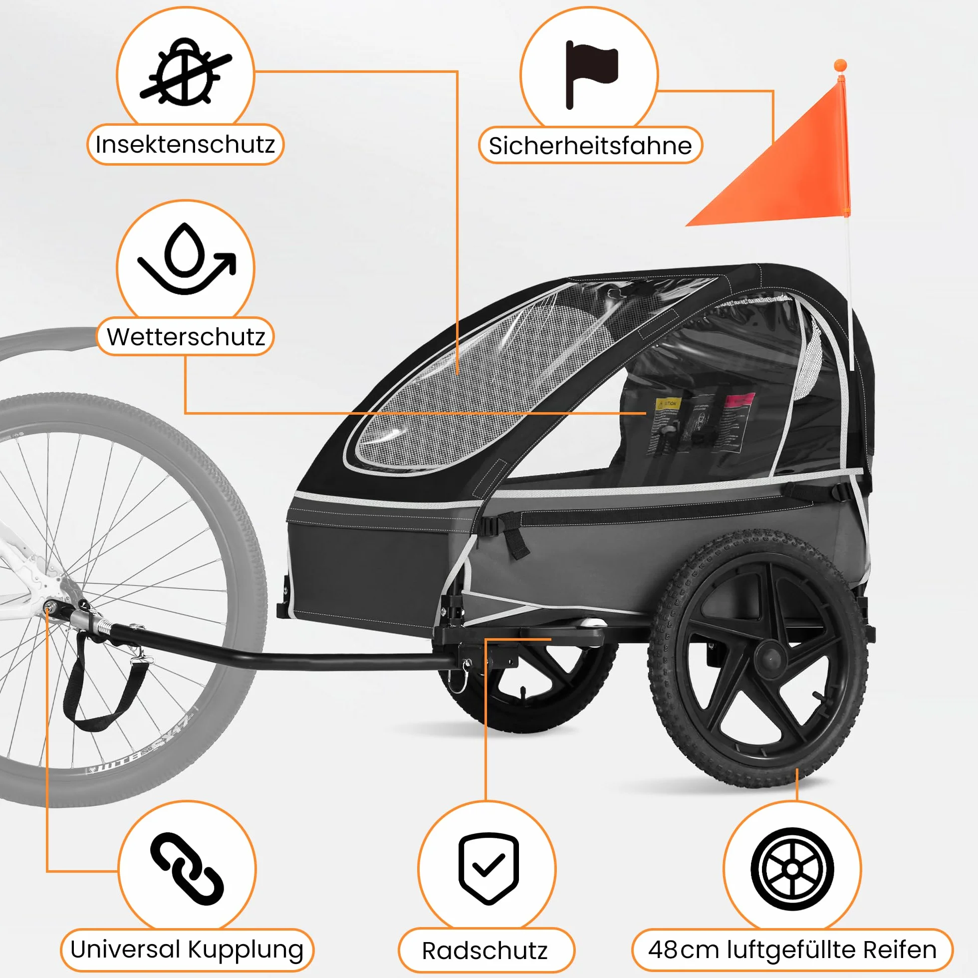 Remorque de vélo pour enfant pliable avec siège ergonomique et pneus pneumatiques