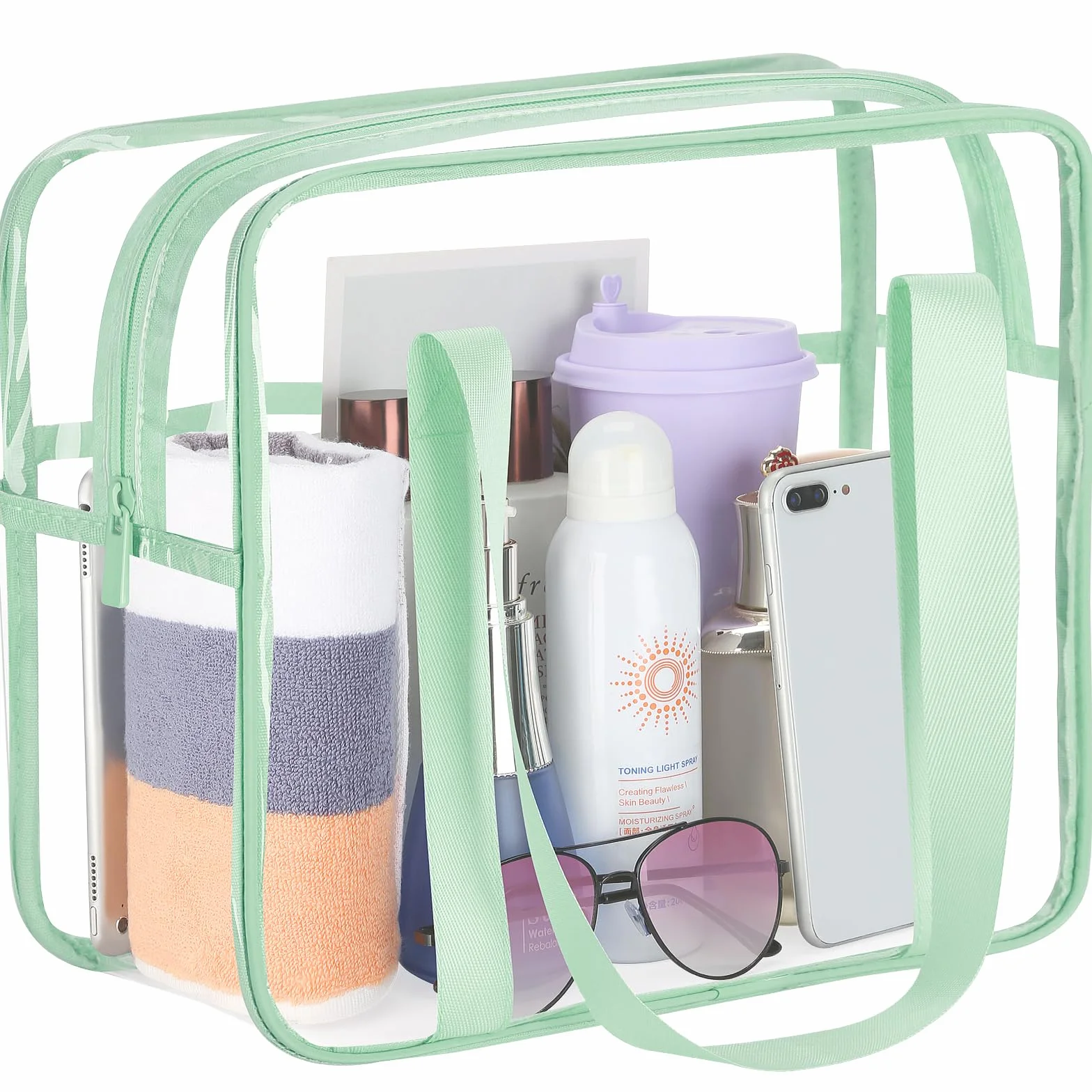 Trousse de maquillage transparente extra large en PVC transparent, étanche, vert