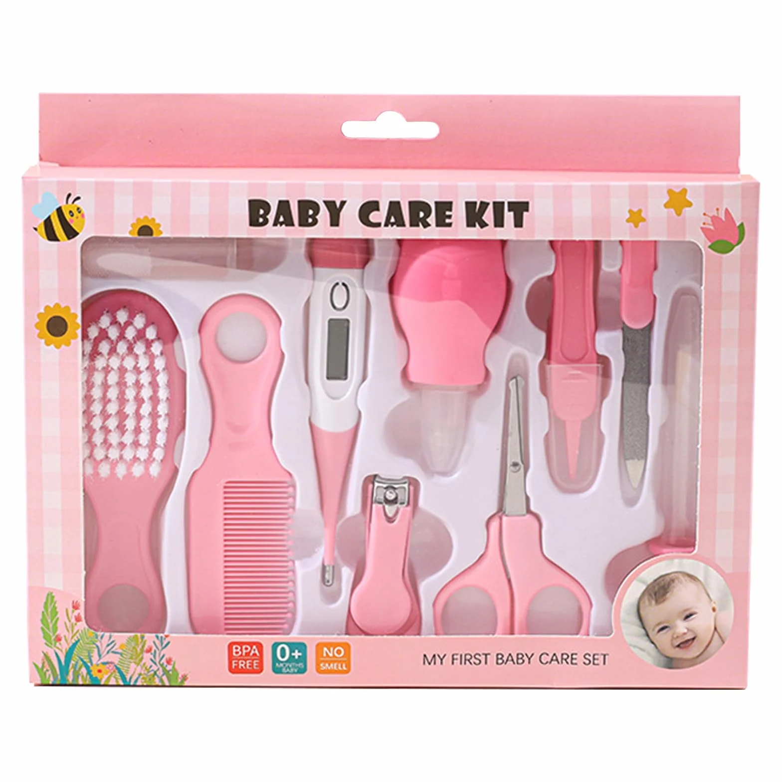 Liemuao Trousse de Soin Bébé Naissance 10 Pièces, Kit Toilettage Bébé avec Thermomètre Digital, Brosse, Peigne, Lime, Mouche Bébé, Rose