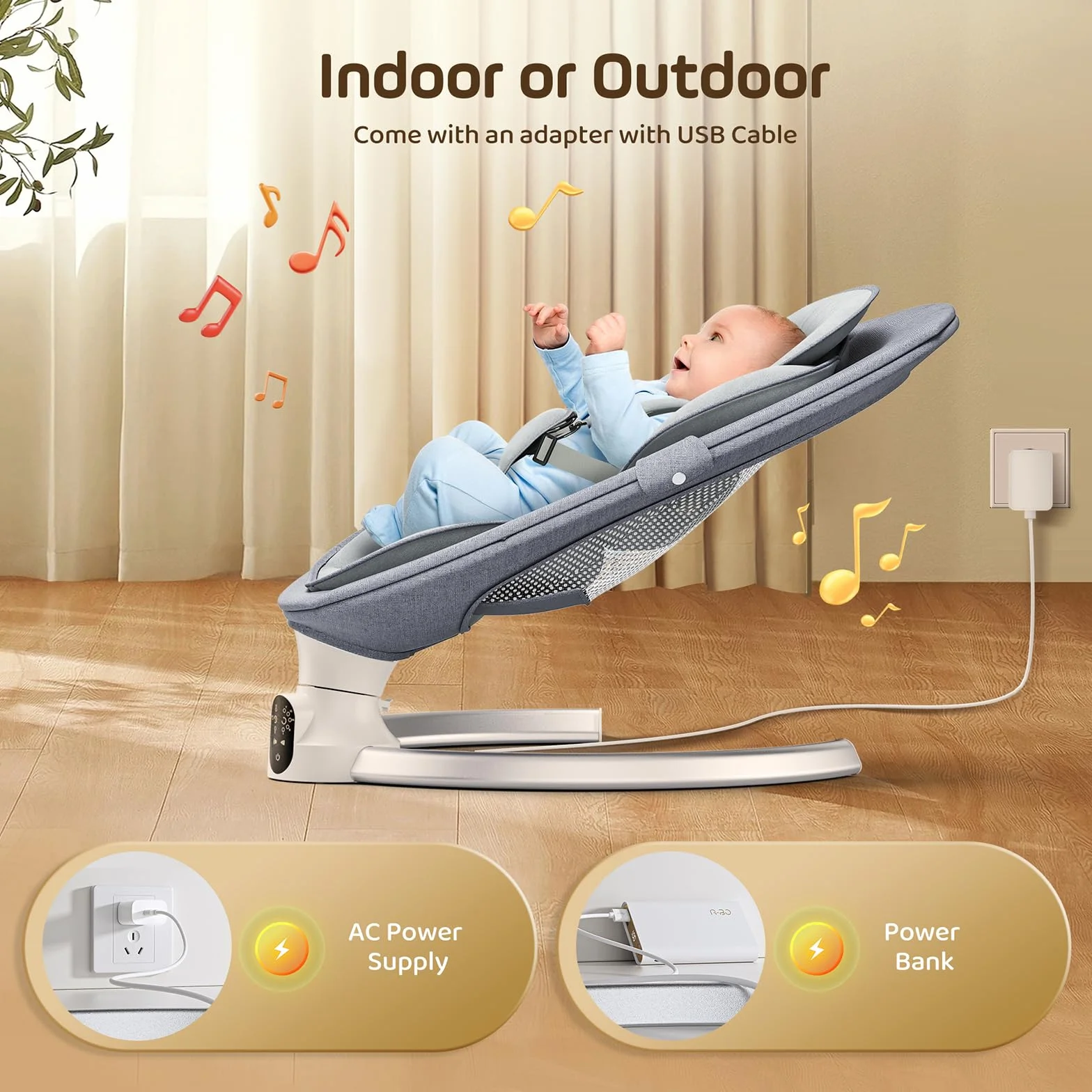 Transat Bébé Électrique Balancelle 5 Amplitudes Vibrations Minuterie Smartphone 12 Musique Naissance 6 Mois