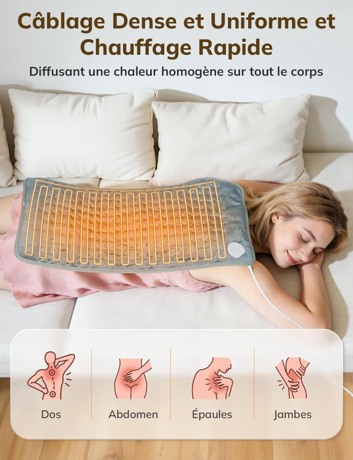 Coussin Chauffant Électrique 60x30cm Dos Épaules Abdomen 6 Niveaux Température 4 Minuterie Arrêt Automatique Lavable Gris Foncé