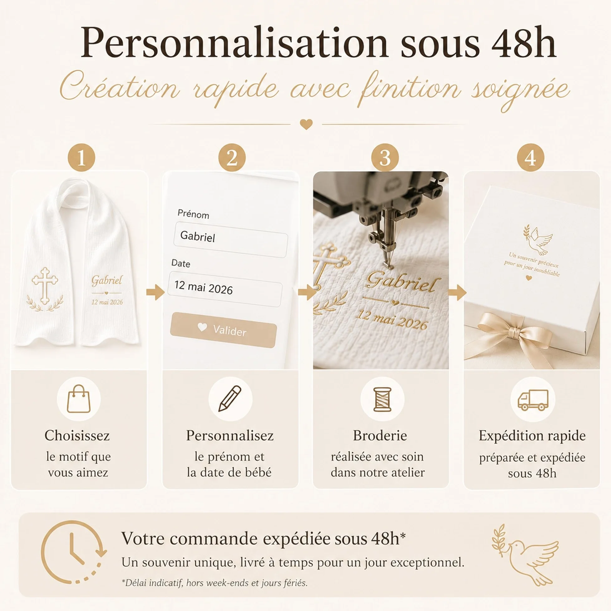 Écharpe de Baptême Personnalisée Bébé Double Gaze de Coton Brodée Prénom Date Blanche Douce Légère Cadeau Coffret