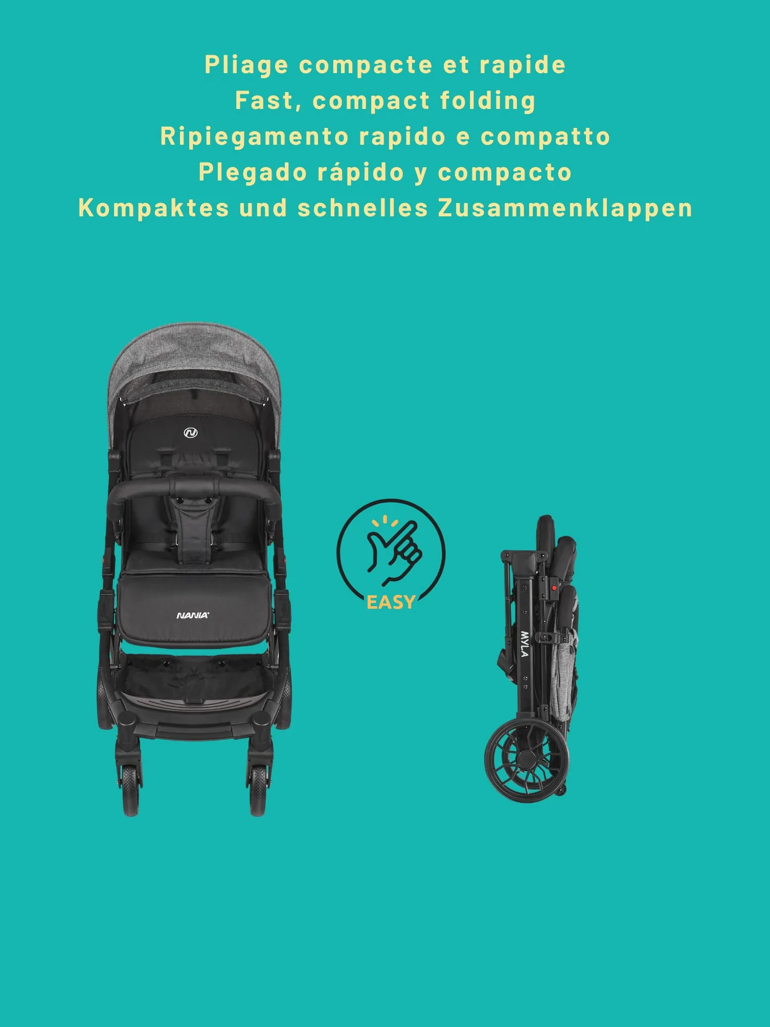Nania Myla poussette canne compacte 0-4 ans 22kg légère 7.5kg citadine inclinable grand panier