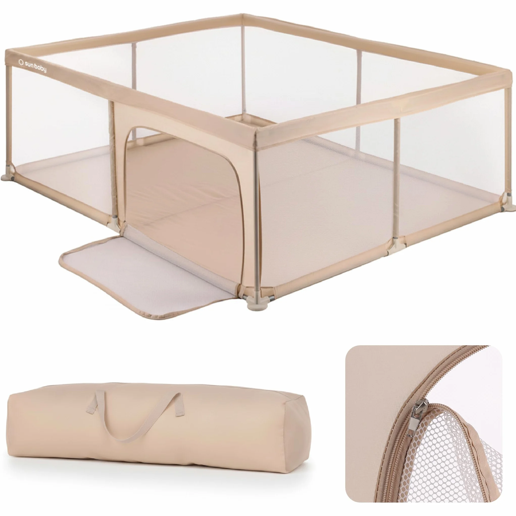 Sun Baby Parc Enfant 150x200 cm Beige Polyester Filet Zippé Antidérapants Sac Transport Métal