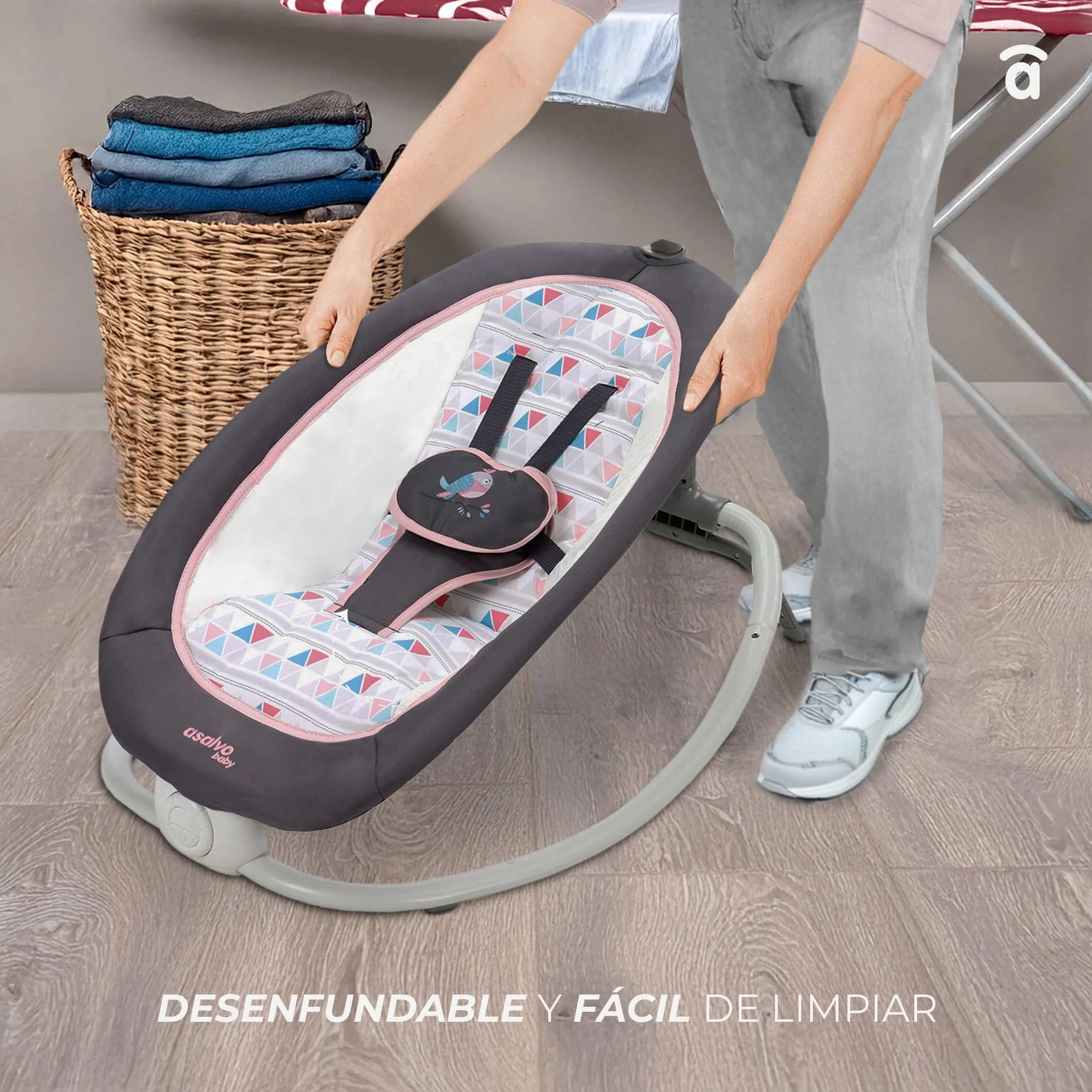 Asalvo Hamac éléphant bébé pliable 4 positions musique vibration harnais 5 points charge max 9 kg Gris Aqua