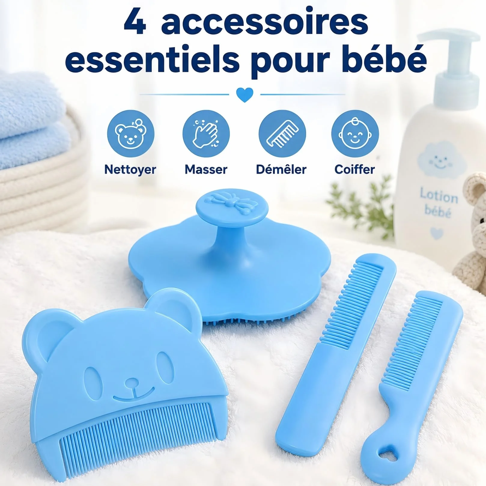 Lot de 4 Brosses et Peignes pour Bébé Anti-Croûte de Lait, Brosse à Cheveux Bébé, Peigne Doux pour Nettoyage et Massage du Cuir Chevelu