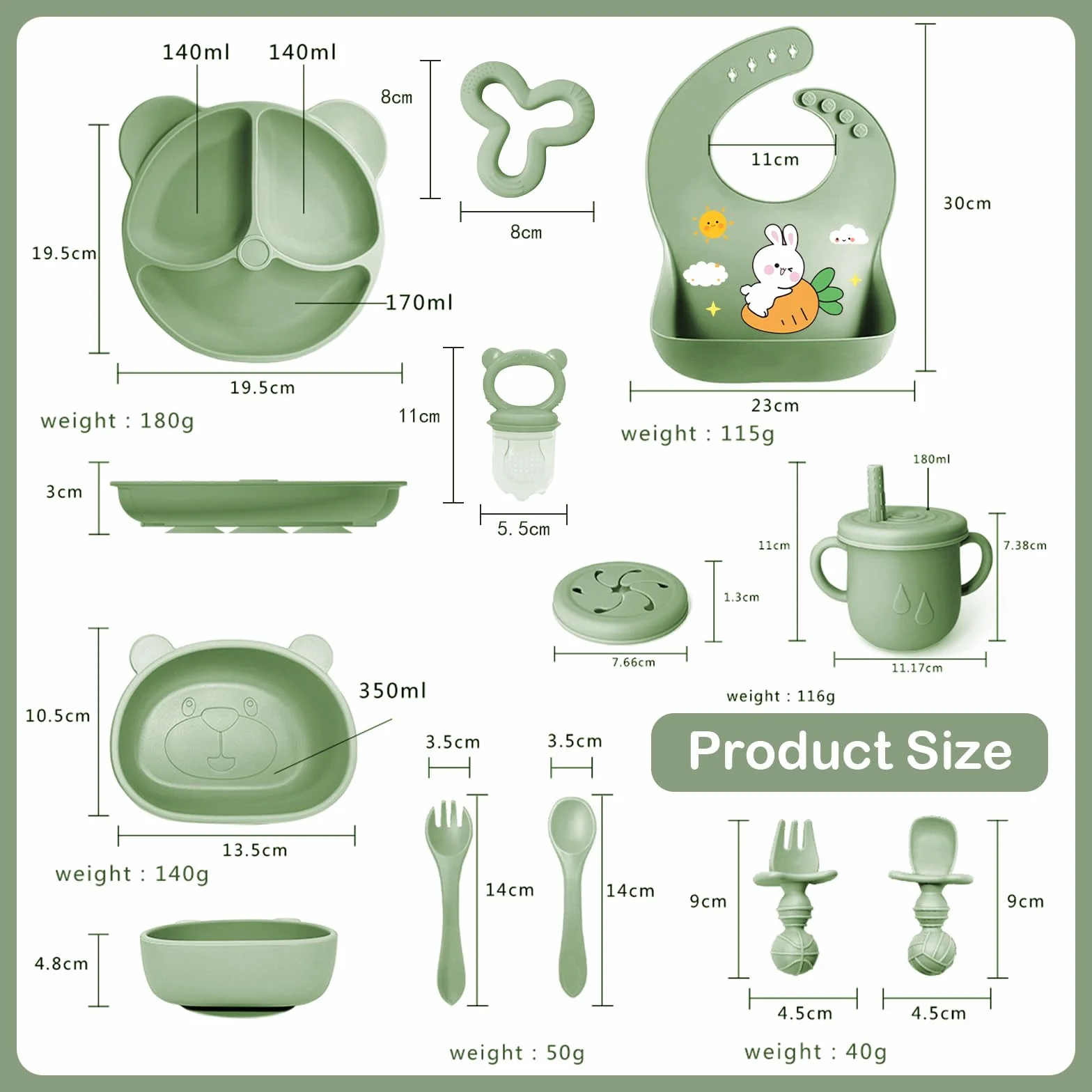 Coffret Repas Bébé 11 pièces Silicone Antidérapant avec Ventouse Assiette Bol Fourche Cuillère Bavoir Tasse Sans BPA Vert foncé