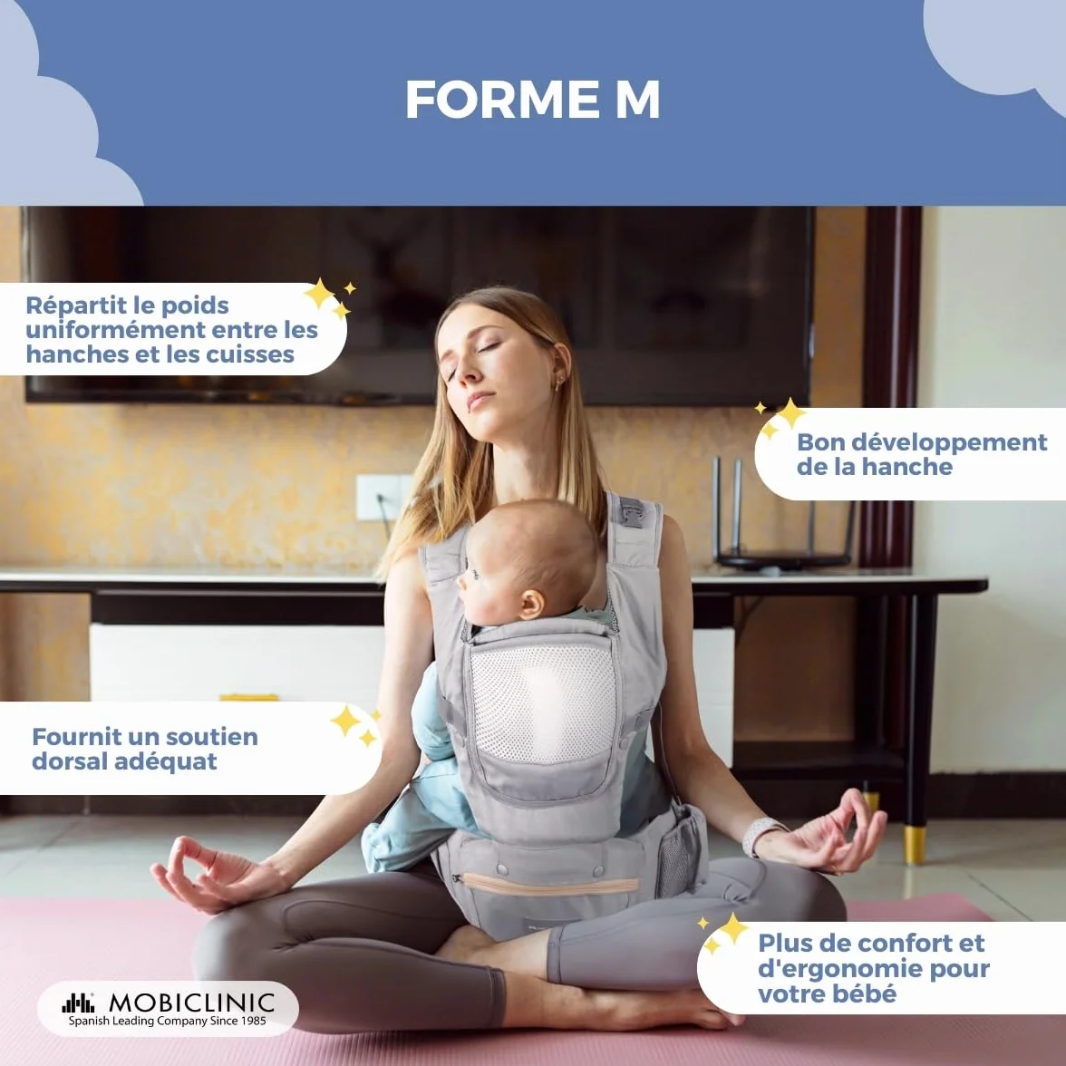 Porte-bébé Mobiclinic 6 en 1 Moley Multiposition Pliable 0-36 mois Coton premium Gris