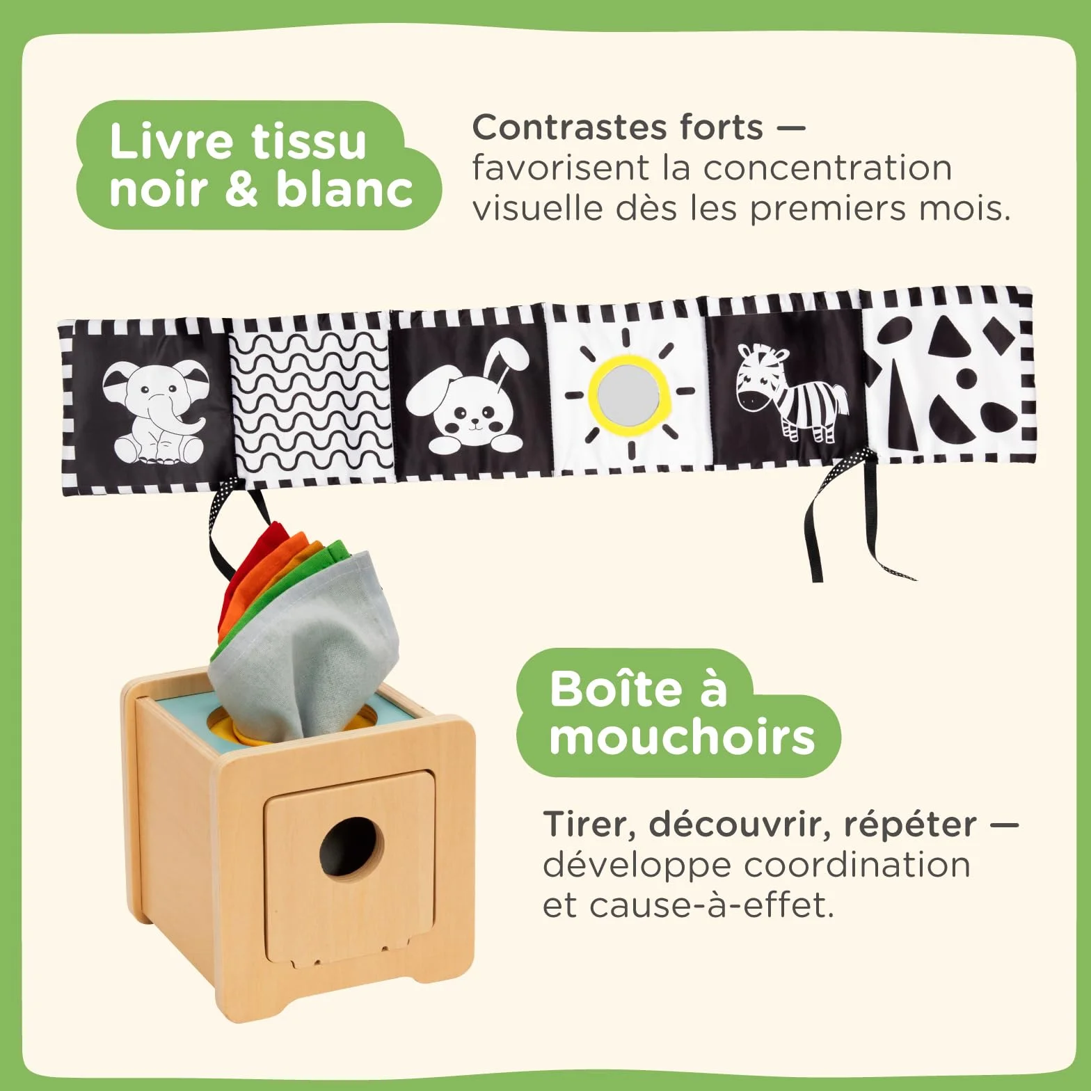 Nene Toys Jouet Montessori Bébé 0–6 Mois – Coffret Sensoriel 7-en-1 en Bois avec Livre Noir & Blanc, Boîte à Mouchoirs, Tambour Rotatif, Balles, Anneau de Dentition & Hochet – Cadeau Naissance