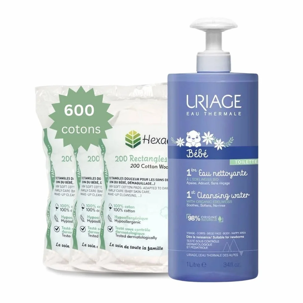 Pack Eau Nettoyante Bébé 1L 600 coton 8x10cm Visage Corps