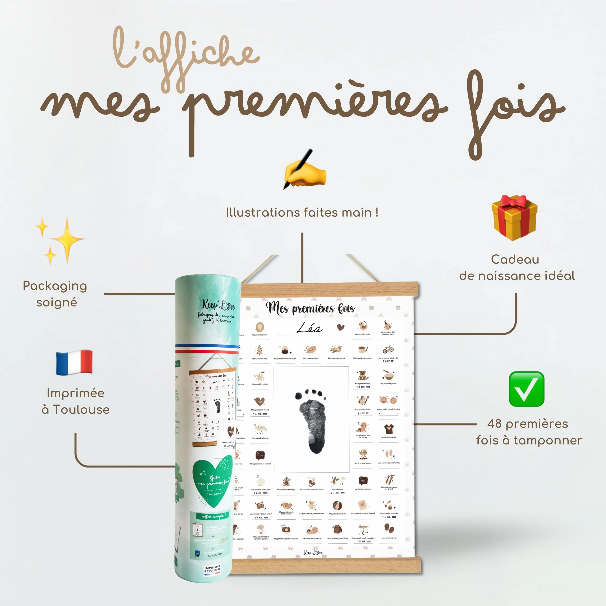 Keep'Love Affiche Mes Premières Fois à Tamponner, Cadeau de Naissance Bébé, Grand Format A3 (Modèle OURSON)