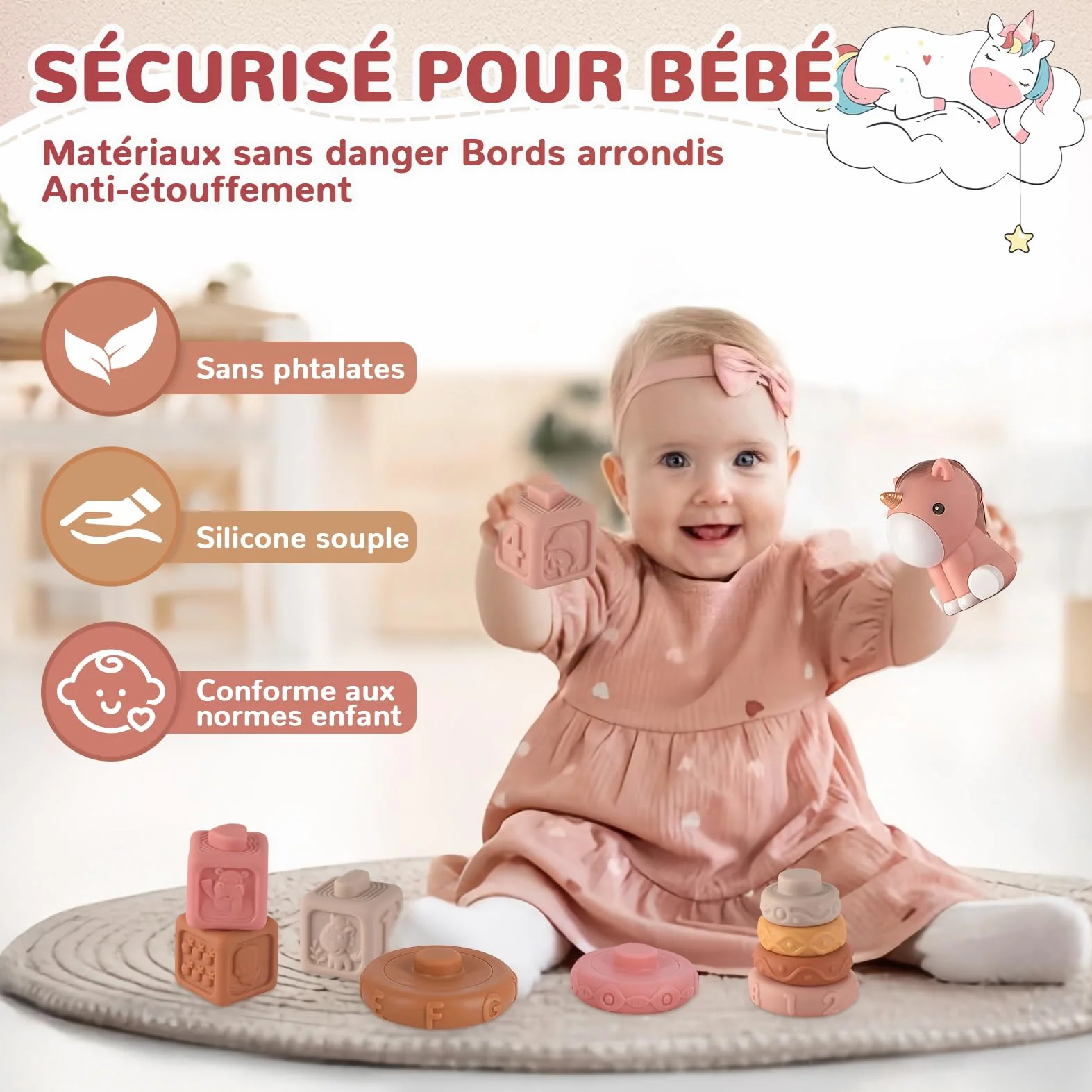 Jouet Montessori Bébé 6-12 Mois 5-en-1 Xylophone en Bois Cubes à Empiler Trieur de Formes Jouet Sensoriel Éducatif