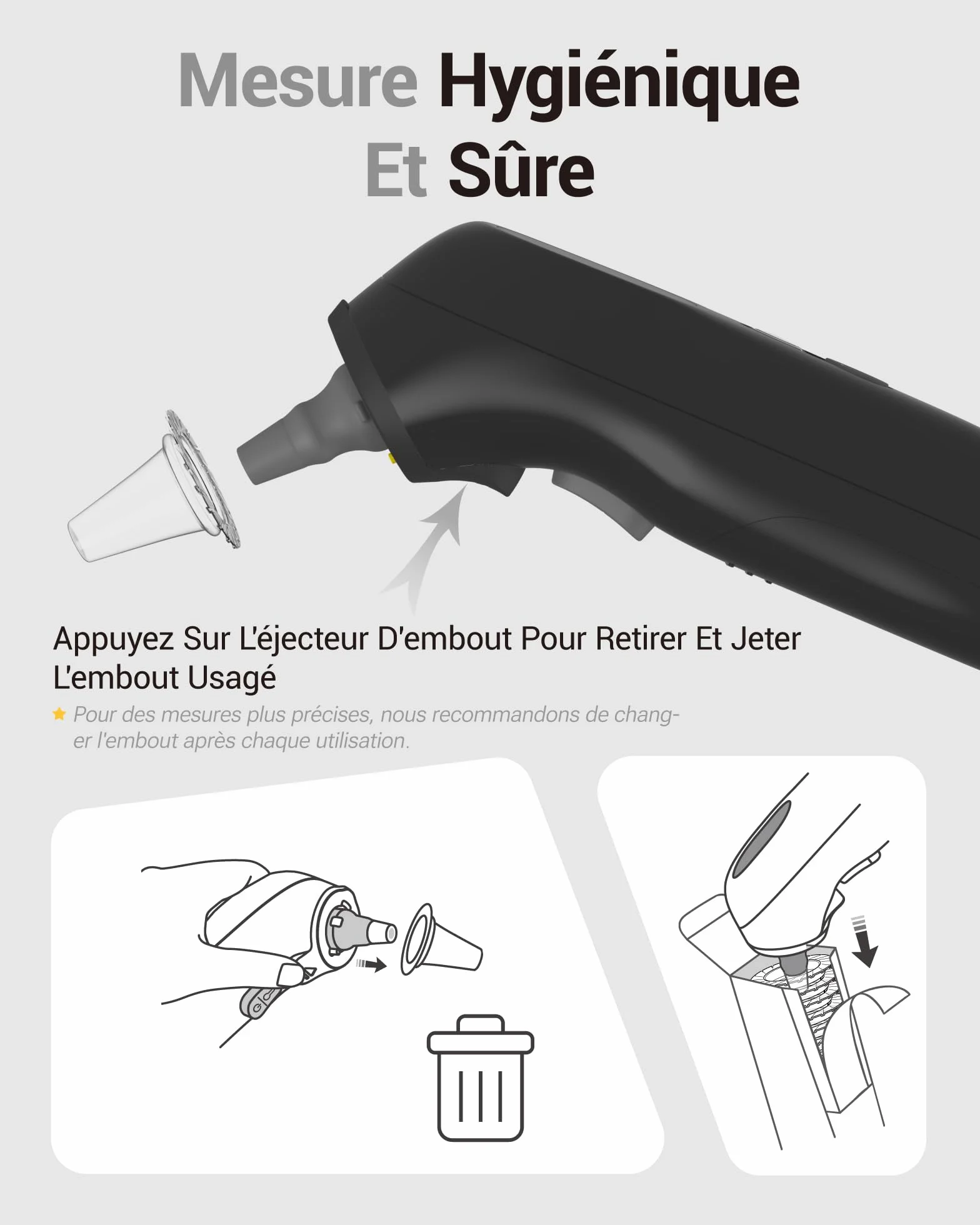 Thermomètre Auriculaire Haute Précision 1 Seconde Guidage Intelligent par Âge Mode Silencieux Numérique Enfants Adultes 20 Embouts