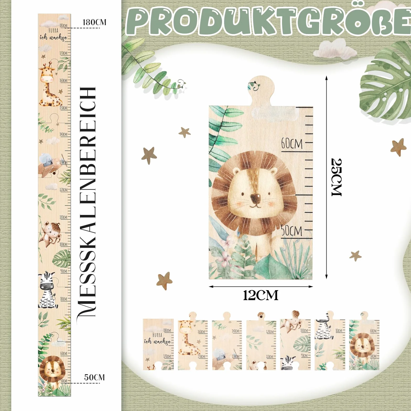 Toise Murale Enfant Bois Tableau de Mesures Bébé Cadeau Naissance Hurra Ich Wachse Décoration Chambre Animaux Forêt