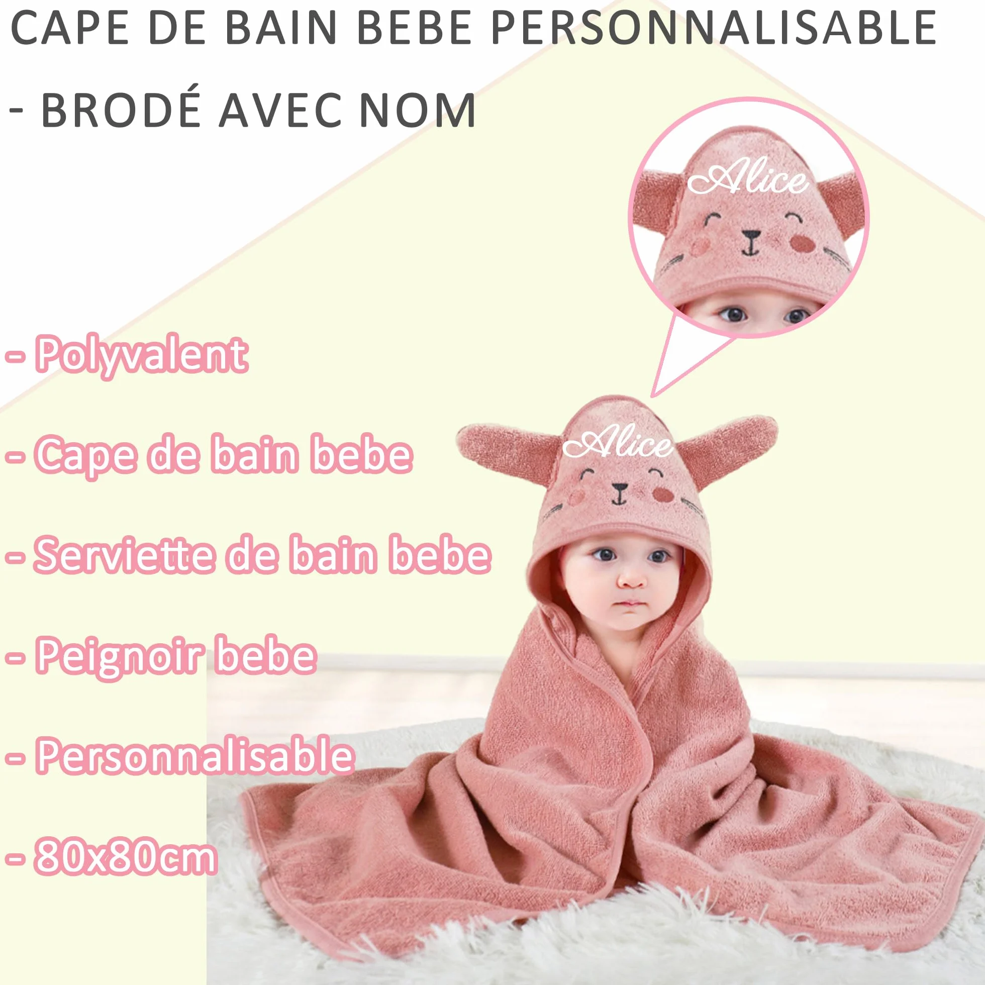 Cape de Bain Bébé Personnalisable Brodé avec Nom Cadeau Naissance Marron