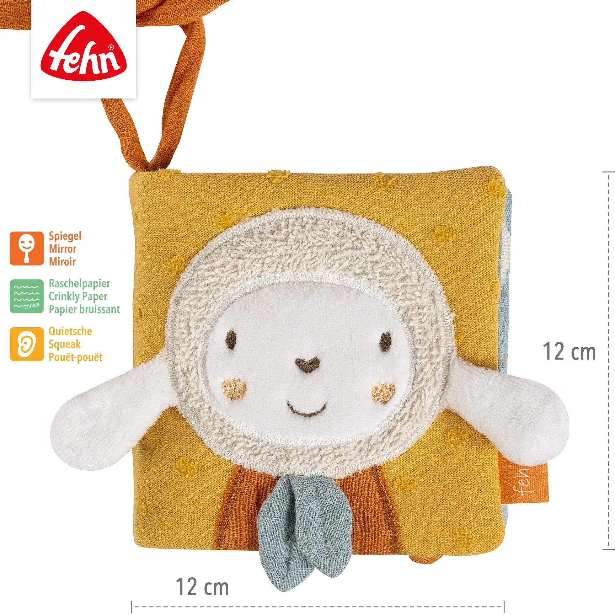 Fehn livre tactile mouton NATUR - Livre en tissu pour poussette avec couineur, papier bruissant et miroir