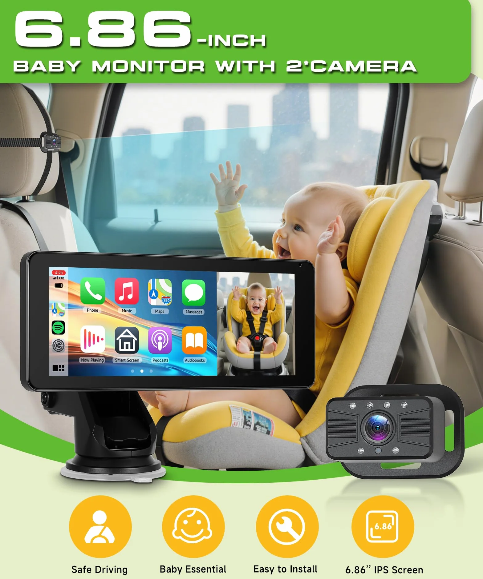 VECHTEL Camera Voiture bébé 2 enfants écran partagé 6,86 pouces HD 720P vision nocturne rotative 360° support ventouse
