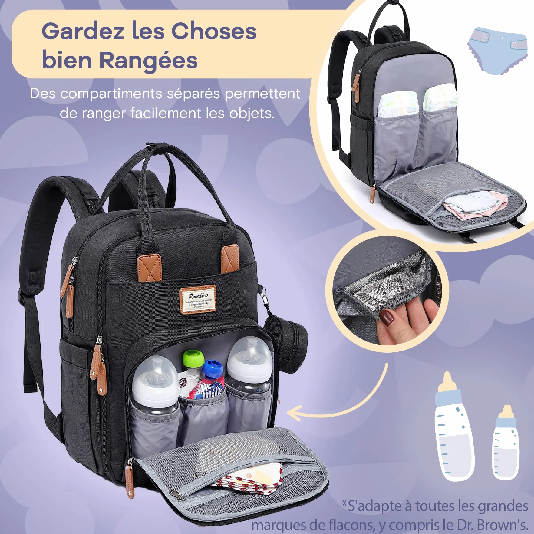 RUVALINO Sac à Dos à Langer avec Matelas à Langer Portable, Porte-Sucette et Sangles de Poussette